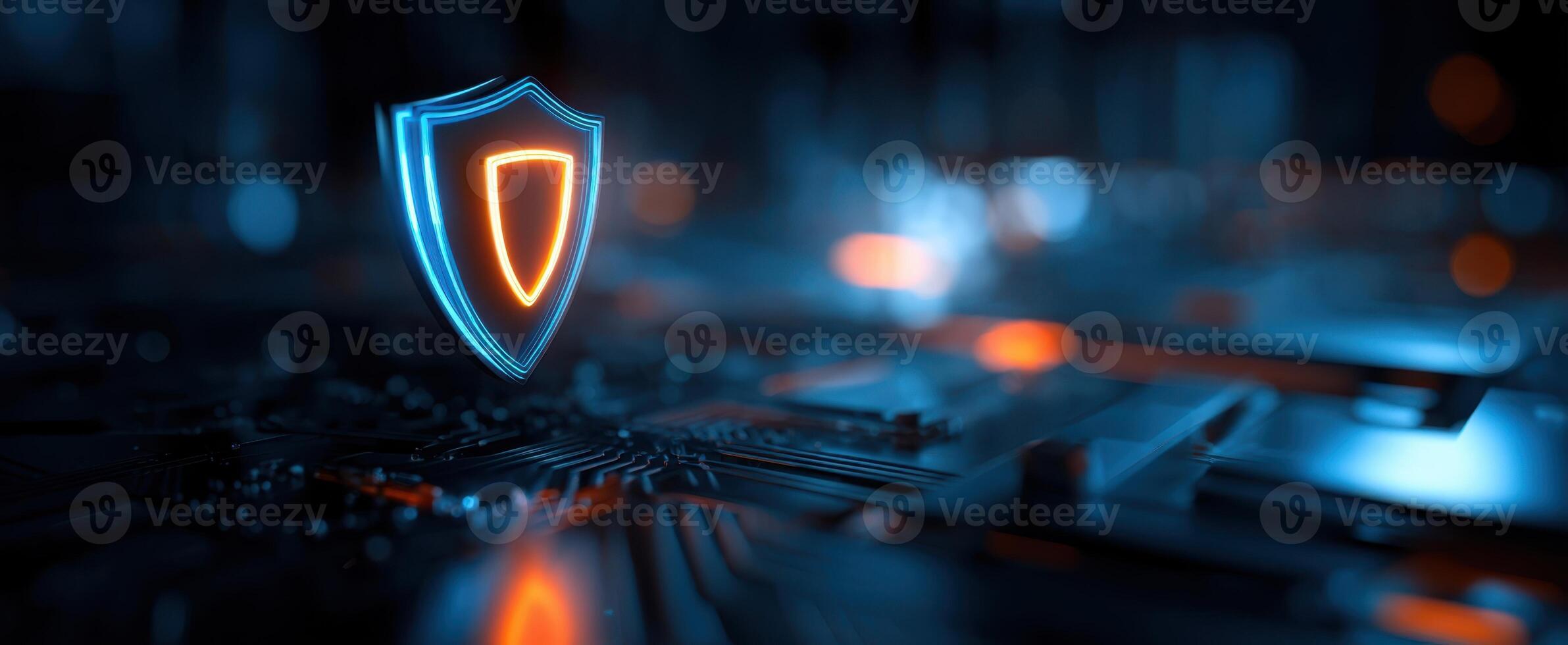The glowing shield representing digital security on a circuit board. photo