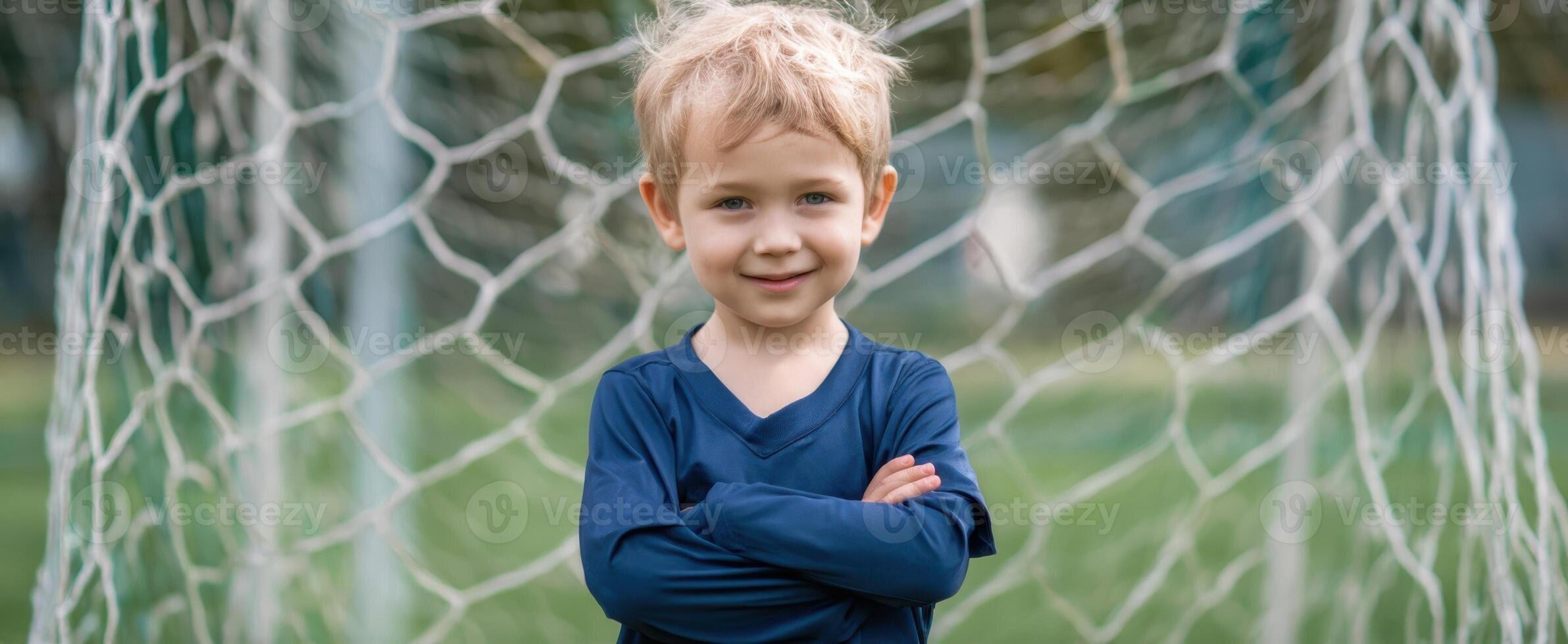 The confident young boy standing proudly in front of a soccer goal. photo