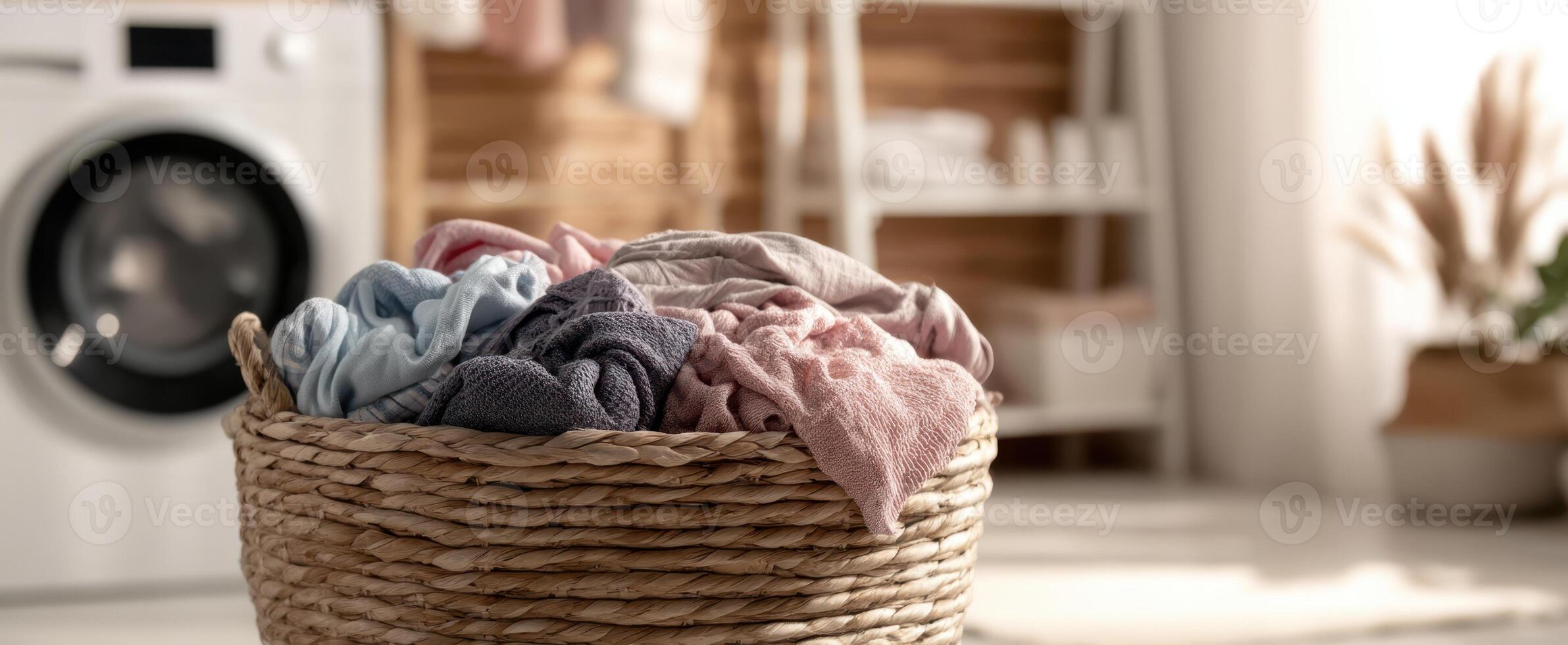 The laundry basket filled with freshly washed textiles in a cozy home setting. photo