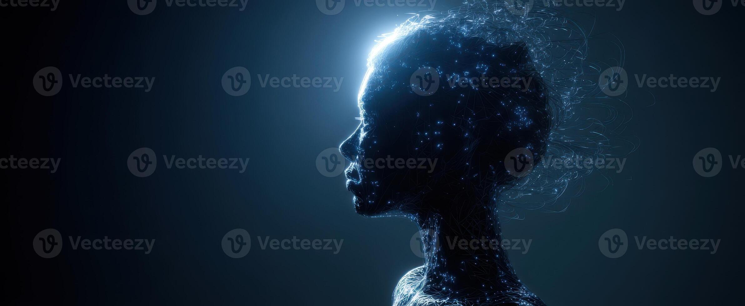 The luminous silhouette of a person surrounded by cosmic energy and creativity. photo