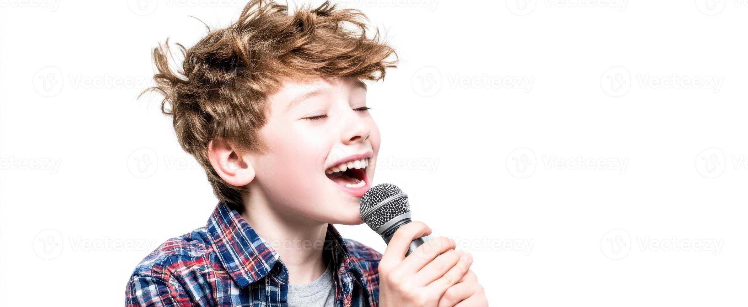 The young boy singing joyfully with a microphone in a bright studio setting. photo