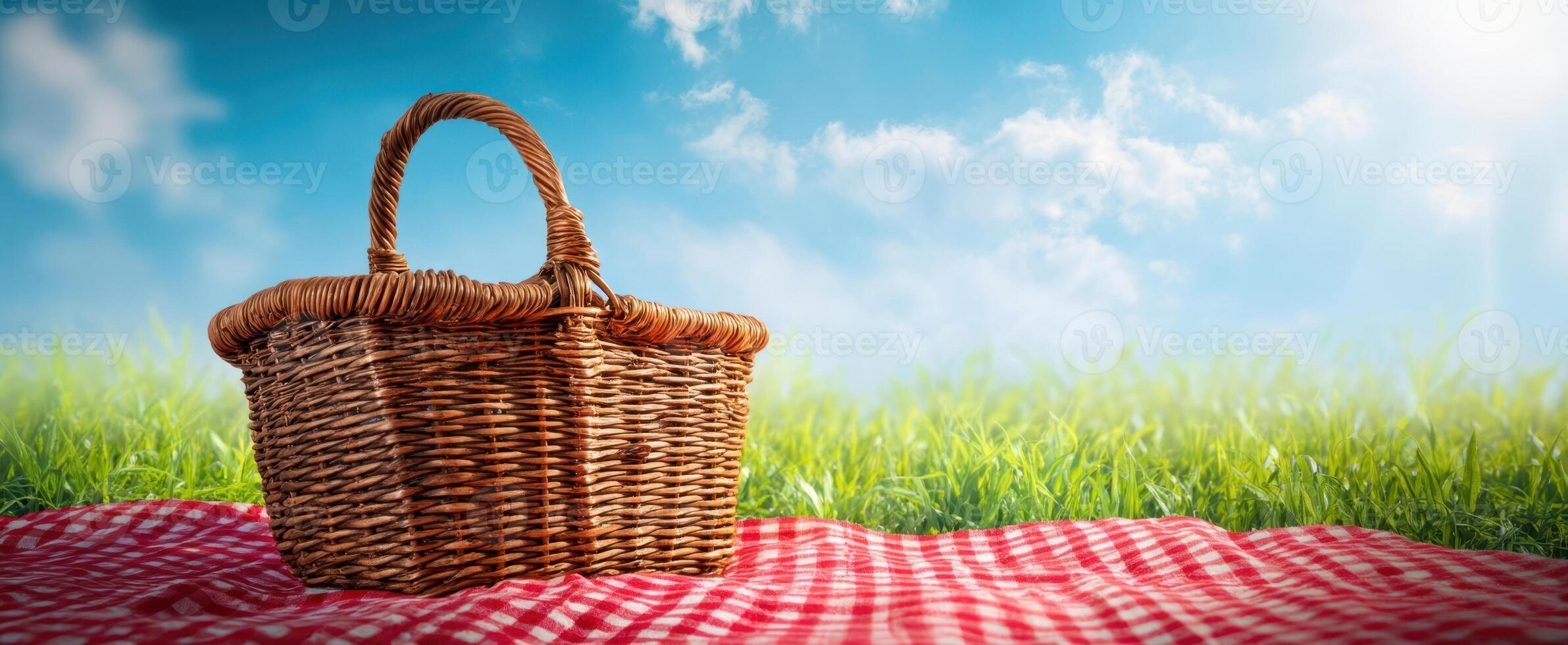 The charming picnic basket resting on a sunny grassy field. photo