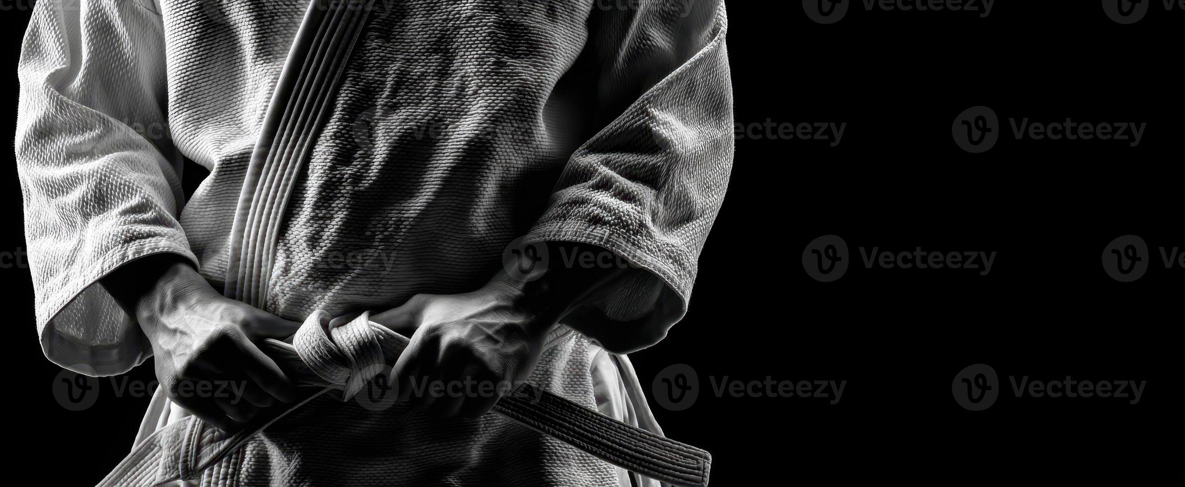 The athlete adjusting his belt in a dramatic black and white portrait. photo