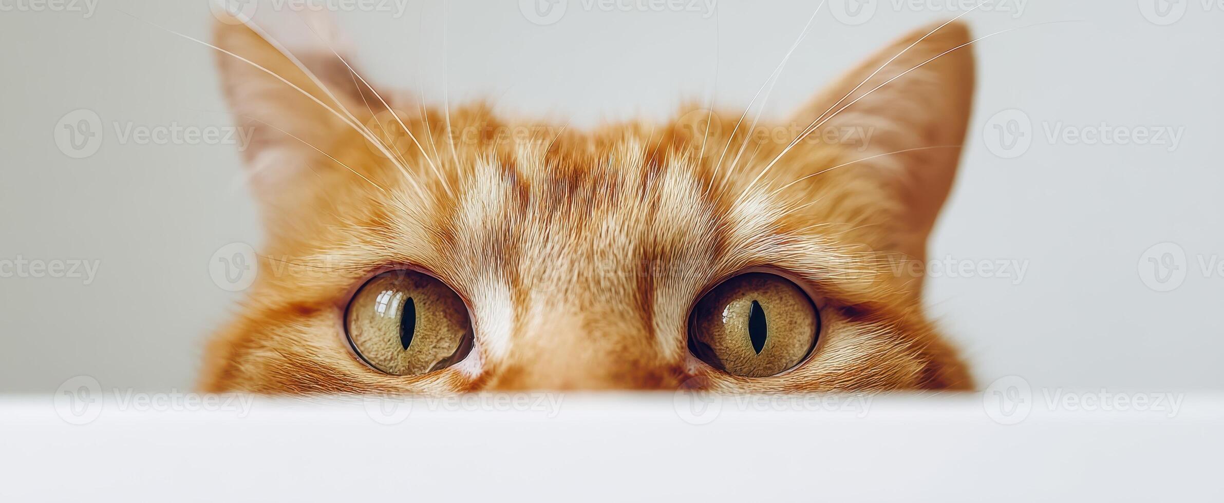 The curious cat peeking over a surface with expressive eyes. photo