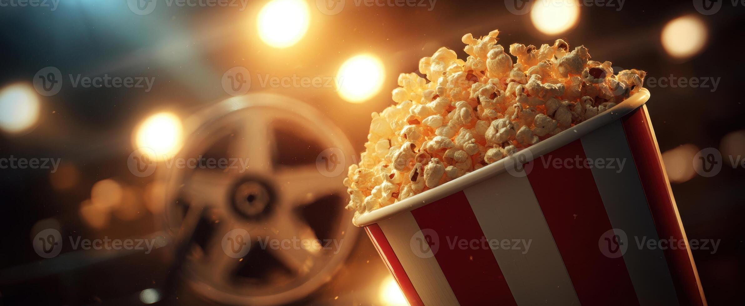 The delicious bucket of popcorn ready for a movie night experience. photo