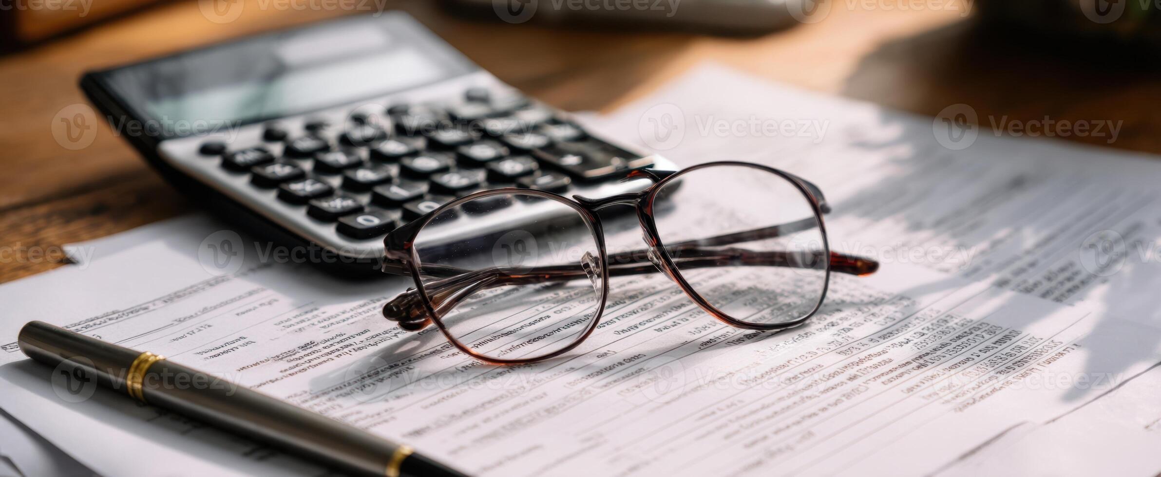 The glasses resting on financial documents with a calculator and pen nearby. photo
