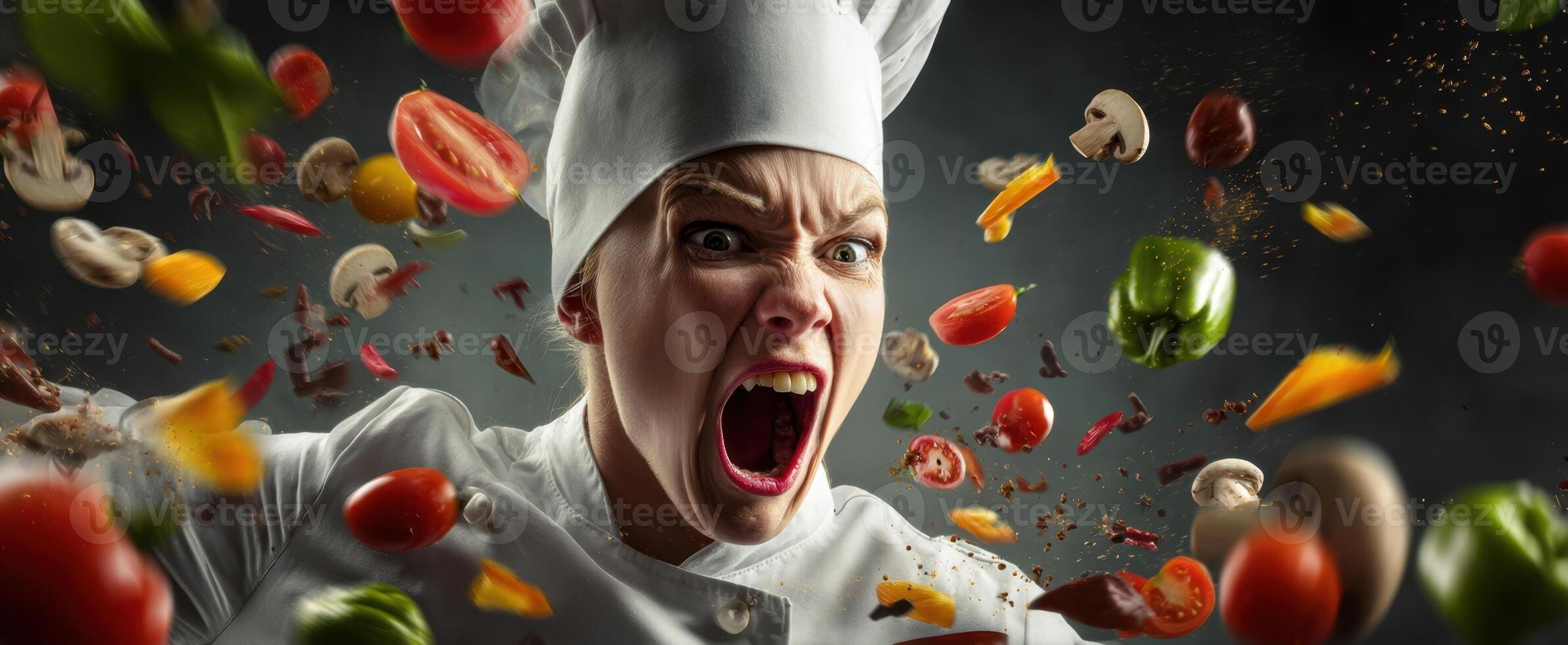 The chef passionately expresses emotions with flying vegetables in the kitchen. photo