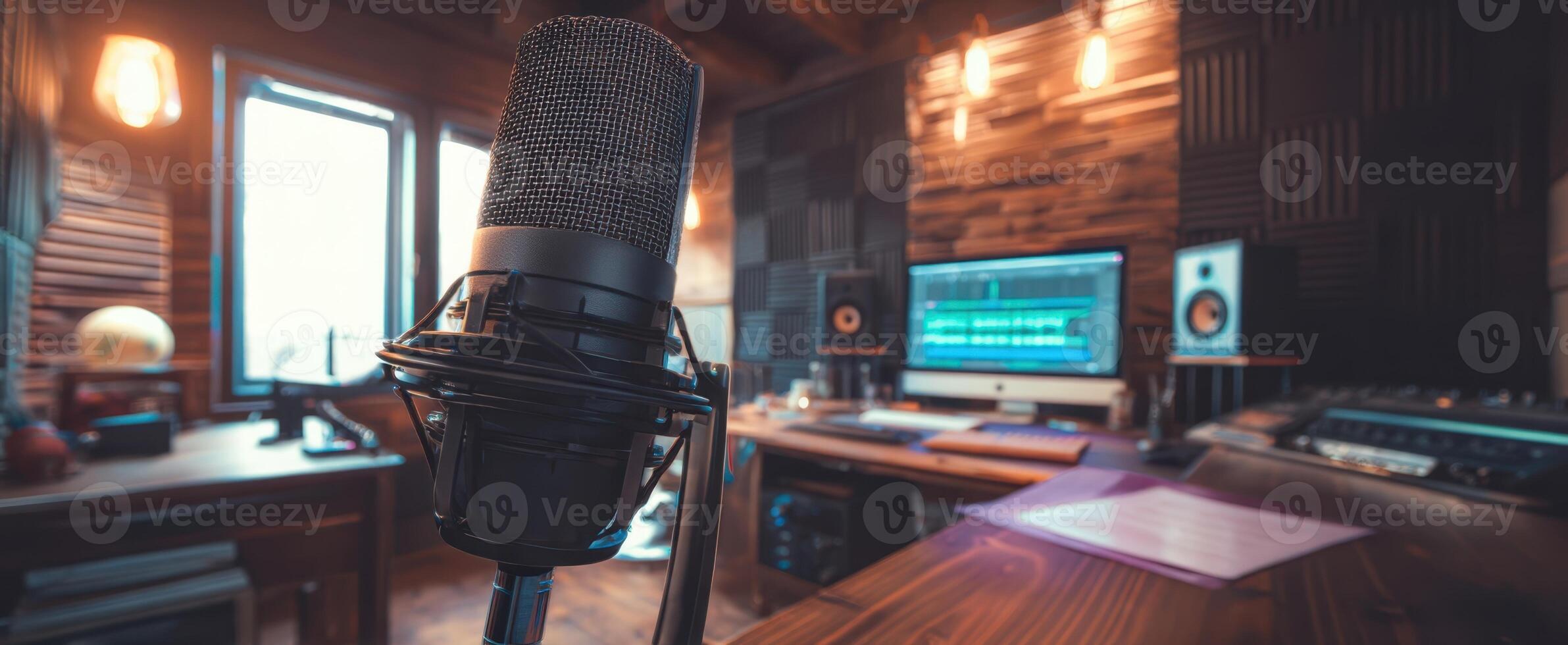 The microphone in a beautifully designed home recording studio setup photo