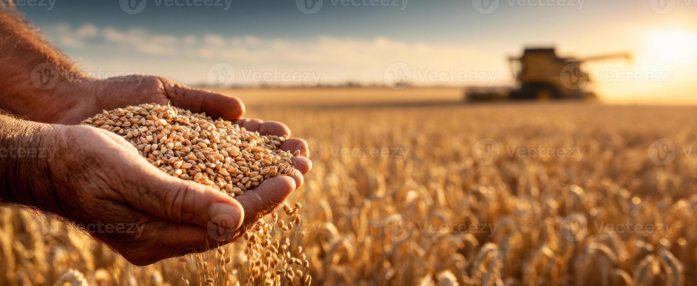 The hands of a farmer holding wheat grain during sunset in a golden field. photo