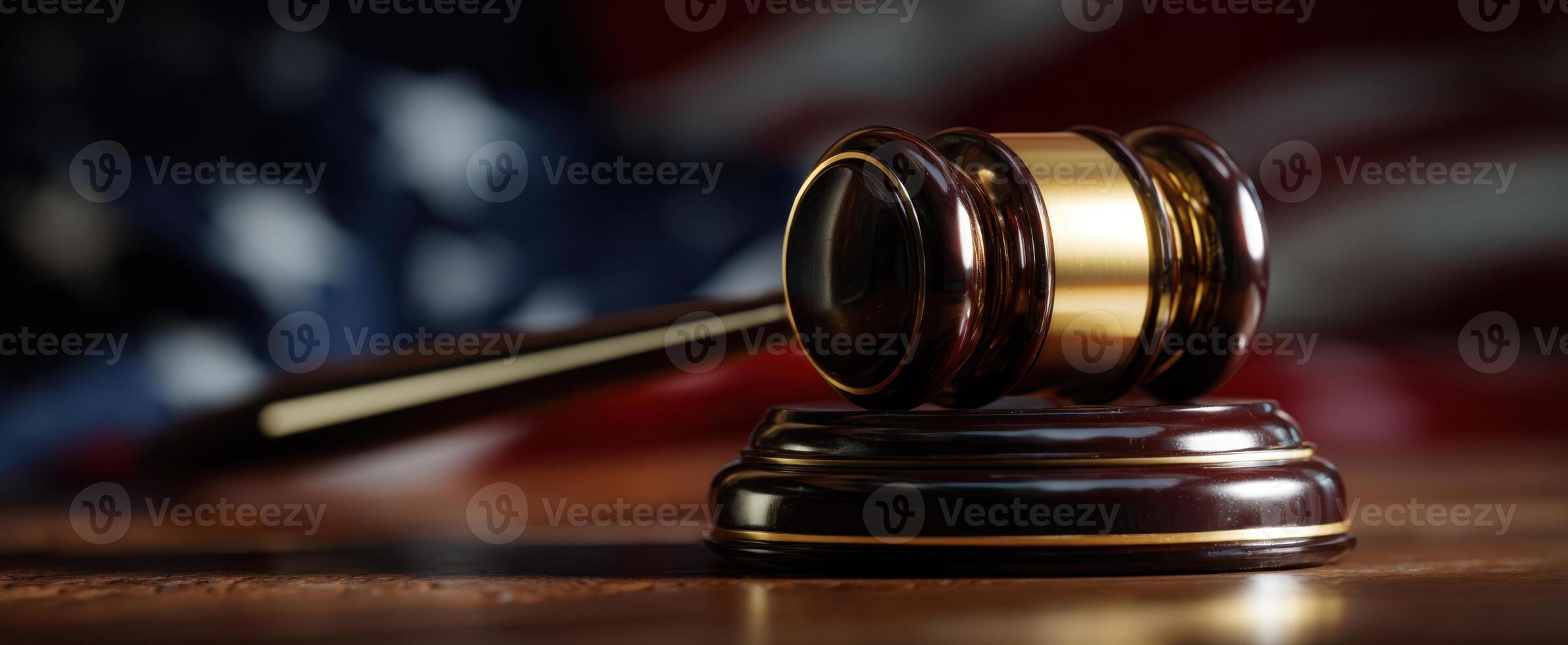 The gavel resting on a podium with an American flag backdrop. photo