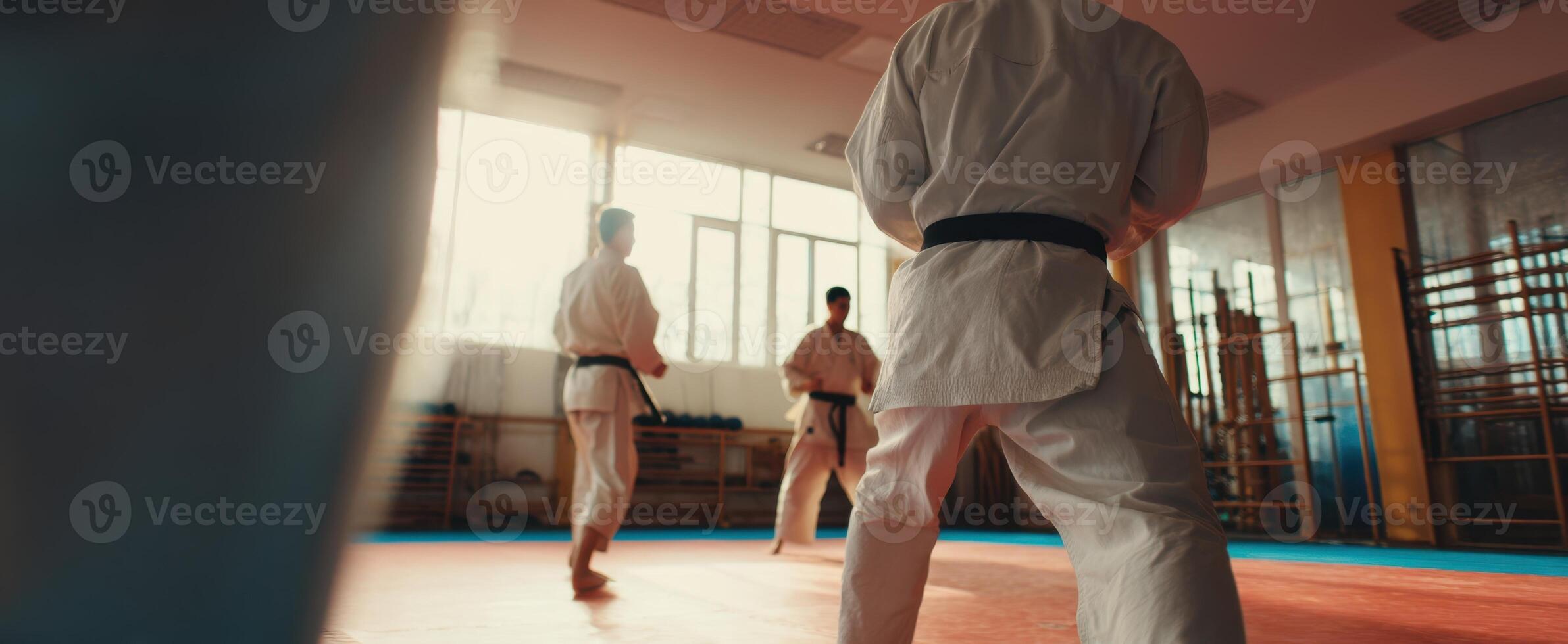 The dynamic training session of karate practitioners in an inspiring dojo environment. photo