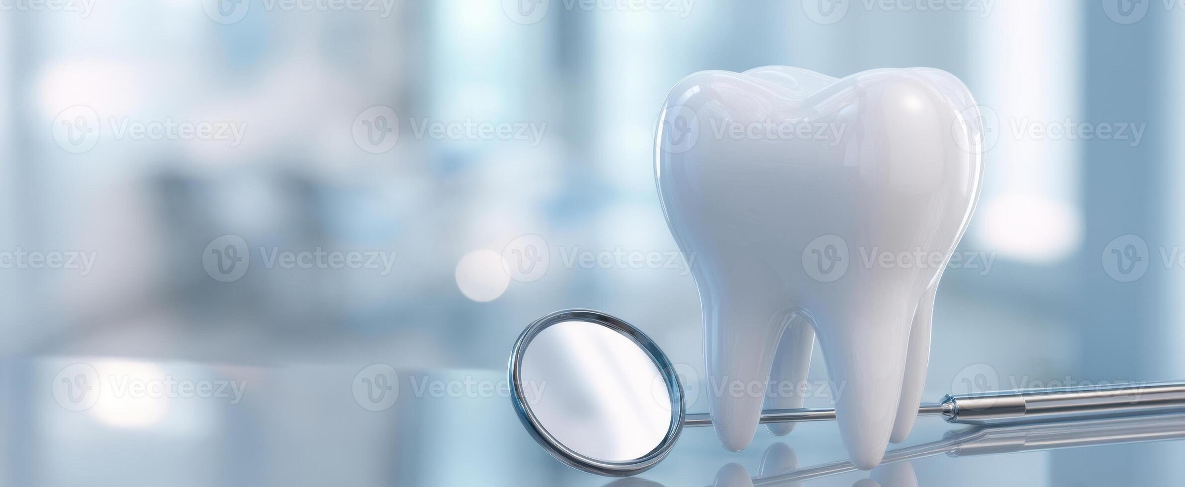 The dental tooth and mirror representing oral hygiene in a professional clinic setting. photo