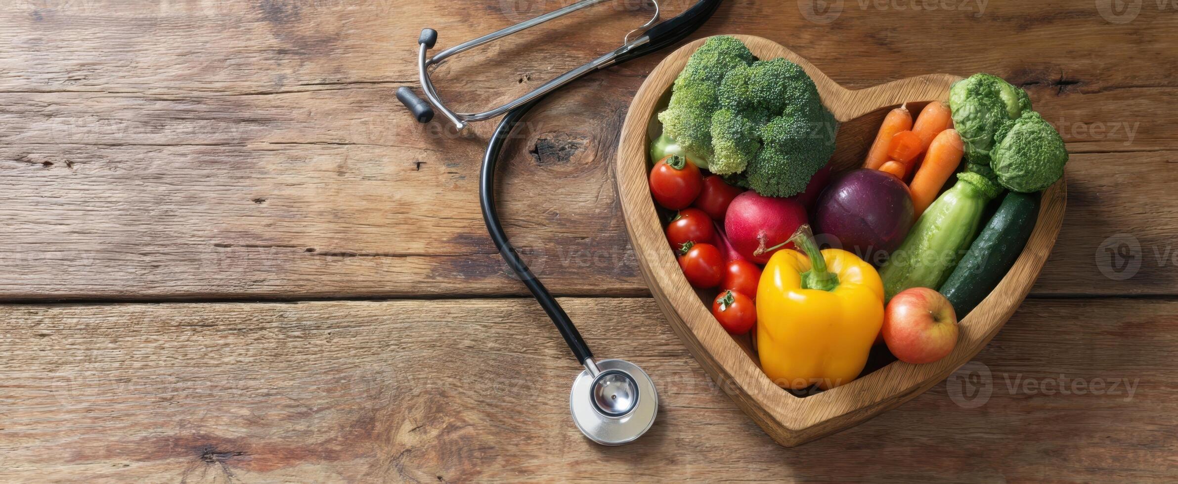 The heart-shaped bowl filled with fresh vegetables and a stethoscope for health. photo