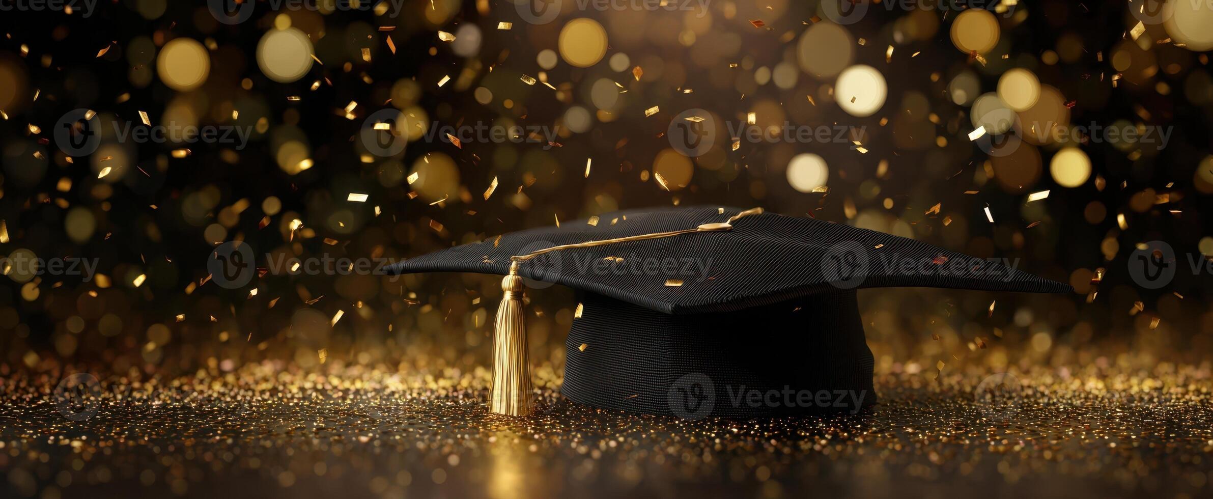 The graduation cap surrounded by sparkling confetti on a festive background. photo
