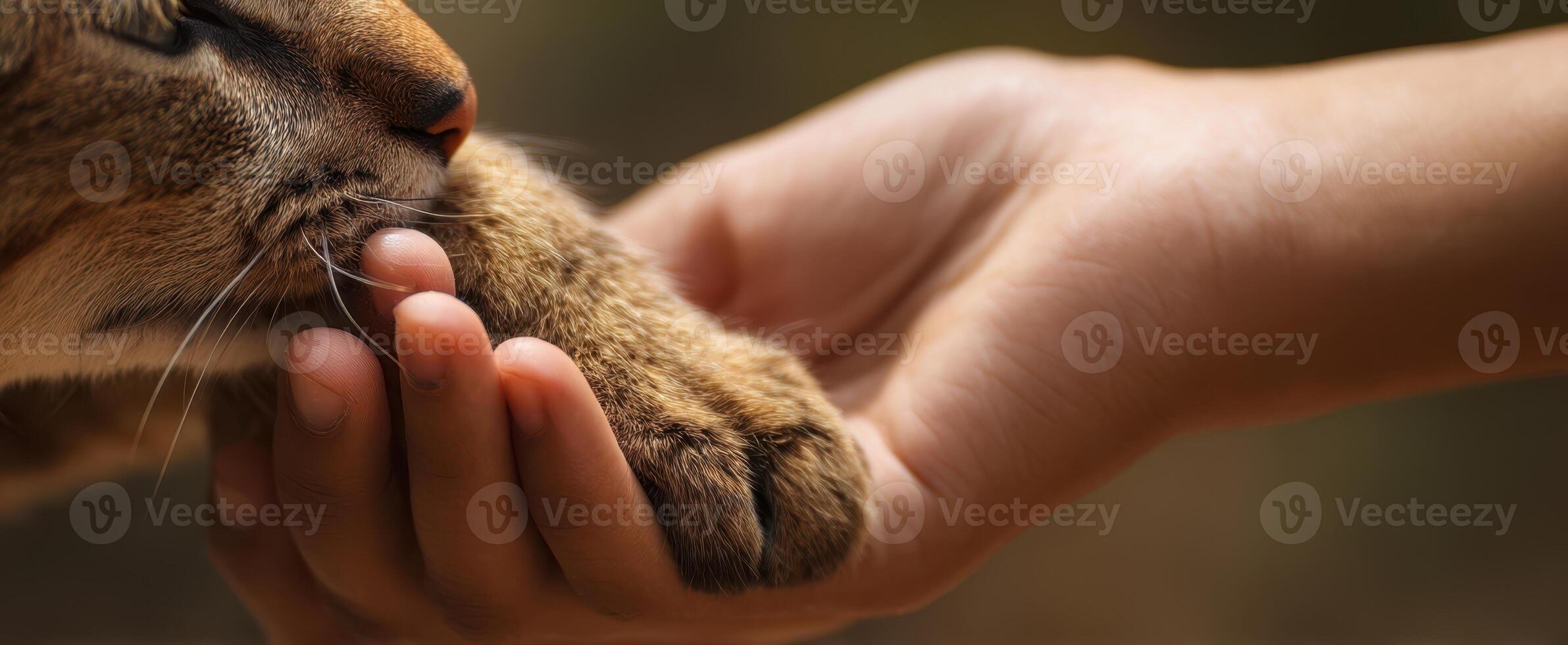 The gentle touch of a hand bonding with a cat's paw in harmony photo