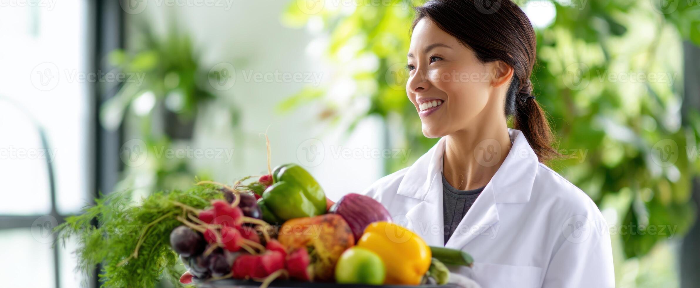 The smiling woman in a lab coat holding a basket of fresh fruits and vegetables. photo