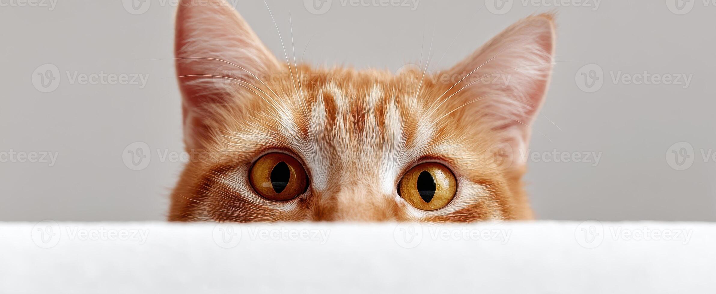 The Curious Ginger Cat Peeking Over a Soft Surface with Big Eyes photo