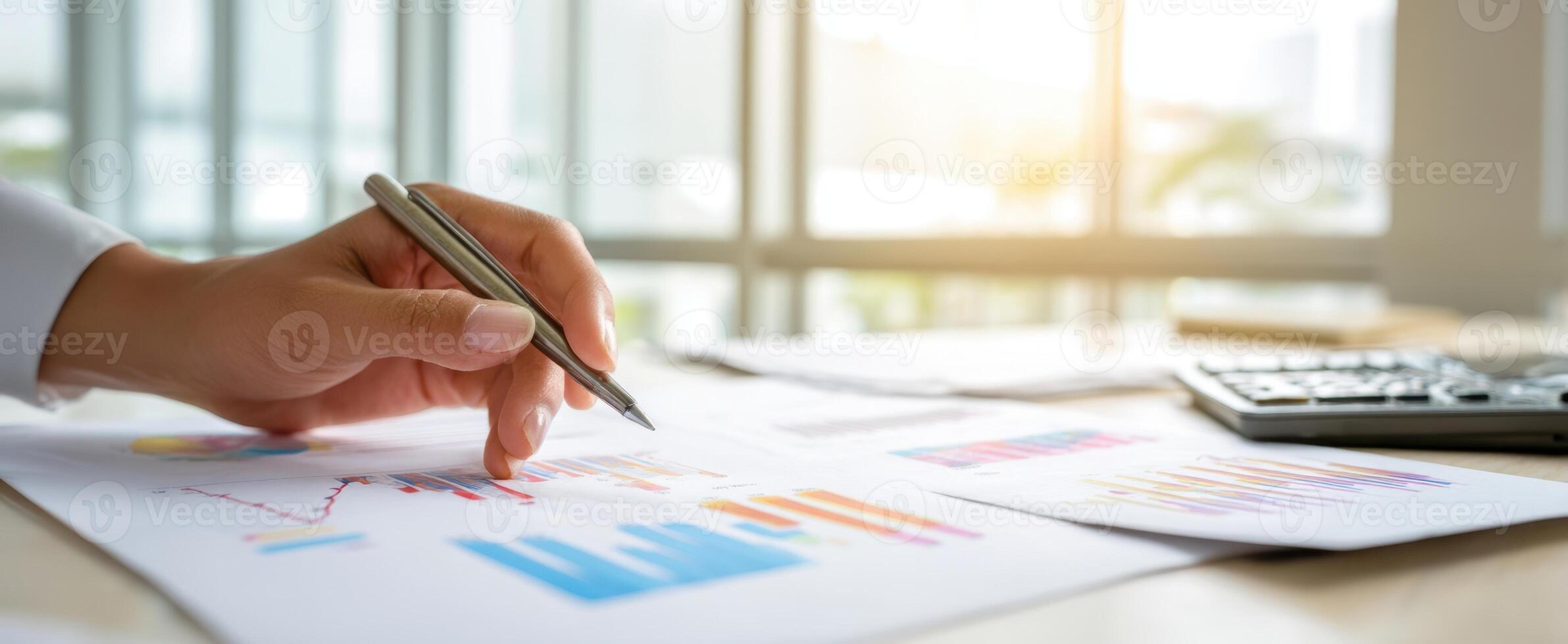 The hand of a professional analyzing financial data with graphs on a desk. photo