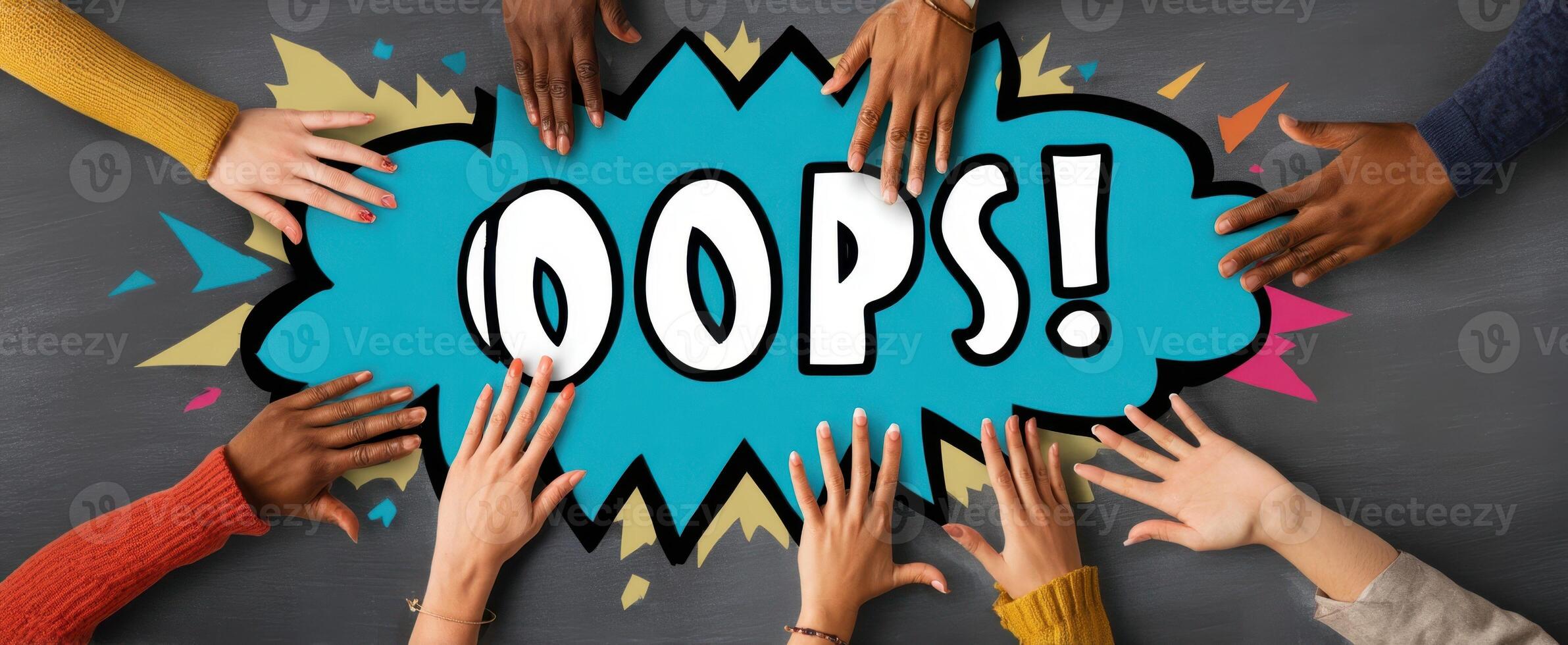 The playful hands congregate around the bold 'Oops' expression on a colorful backdrop. photo