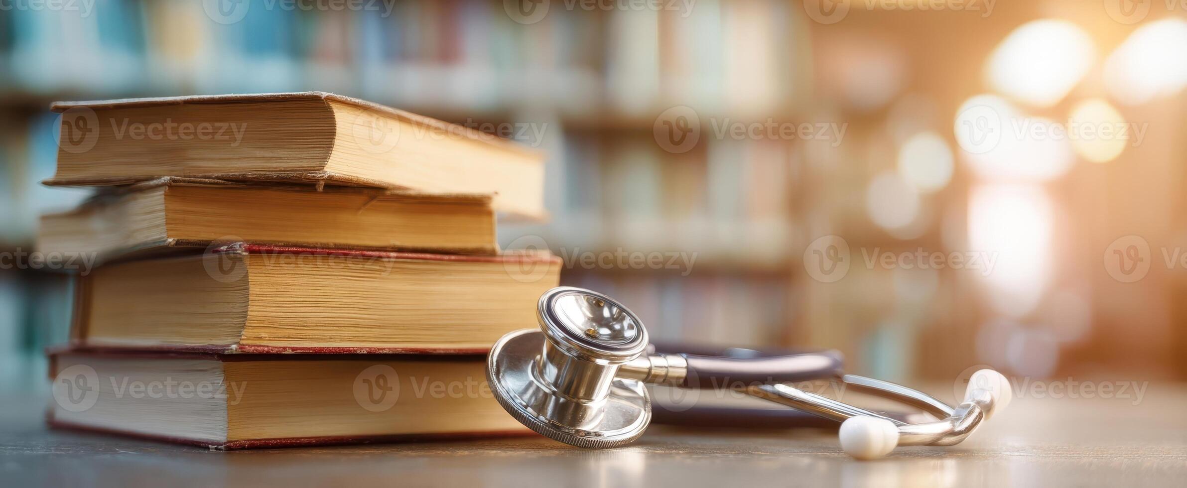 The stethoscope beside stacked books in a library setting photo
