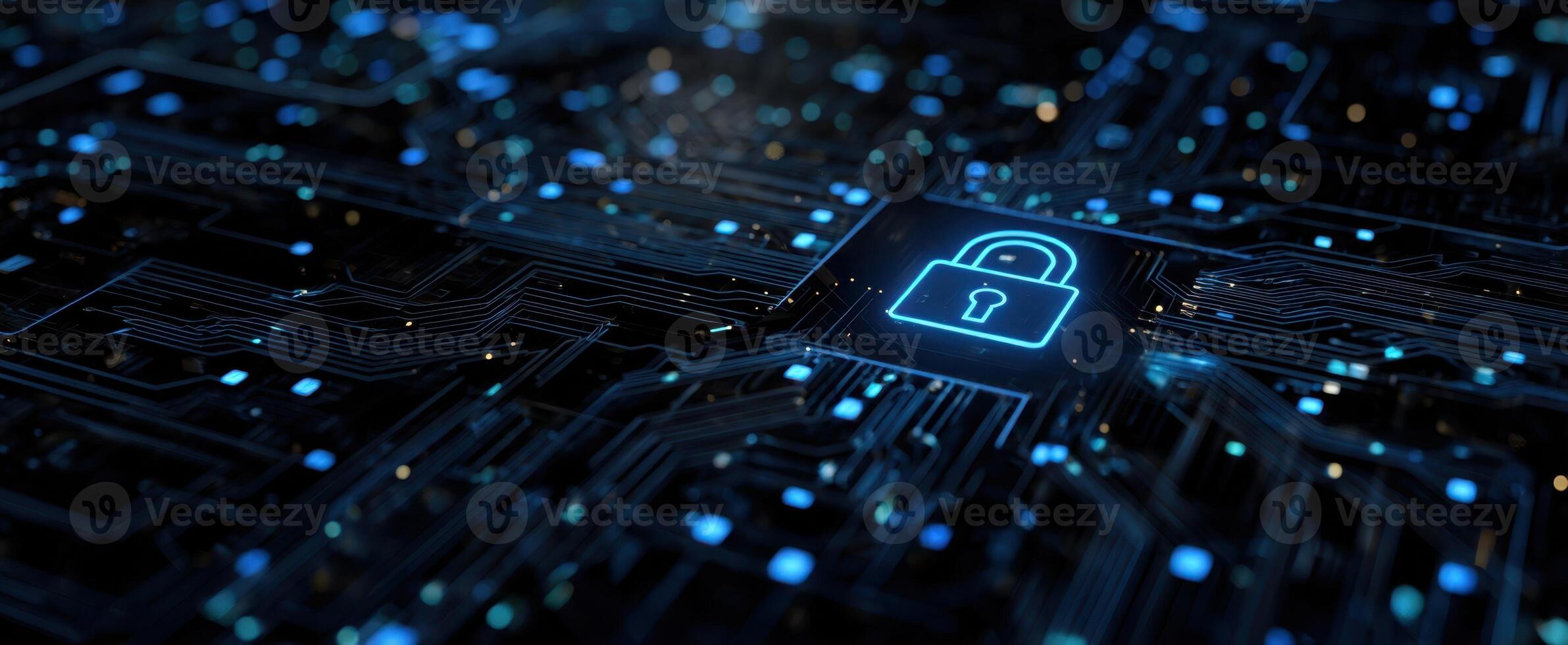 The glowing lock symbol on a complex digital circuit board background. photo