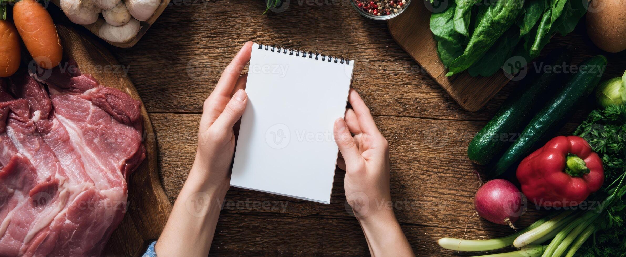 The hands holding a blank notebook surrounded by fresh ingredients for cooking. photo