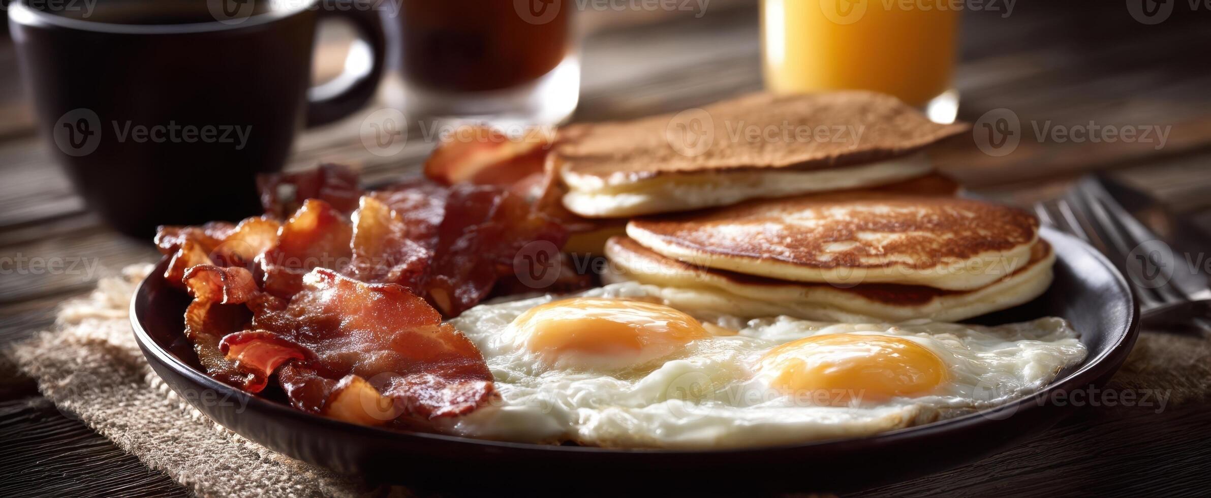 The breakfast plate featuring eggs, bacon, and pancakes on a rustic table. photo