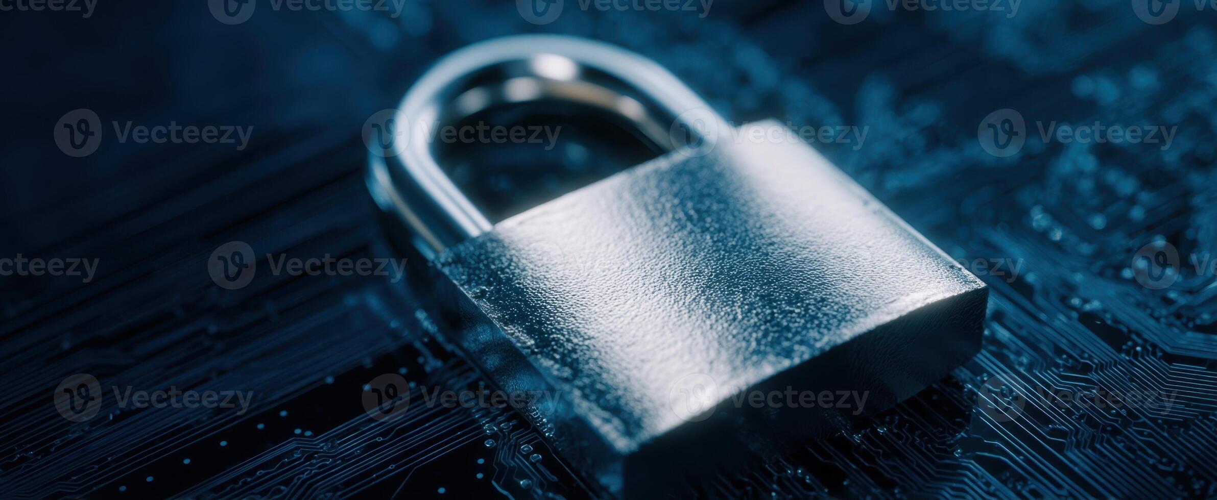 The metallic padlock symbolizing security in the digital technology landscape. photo