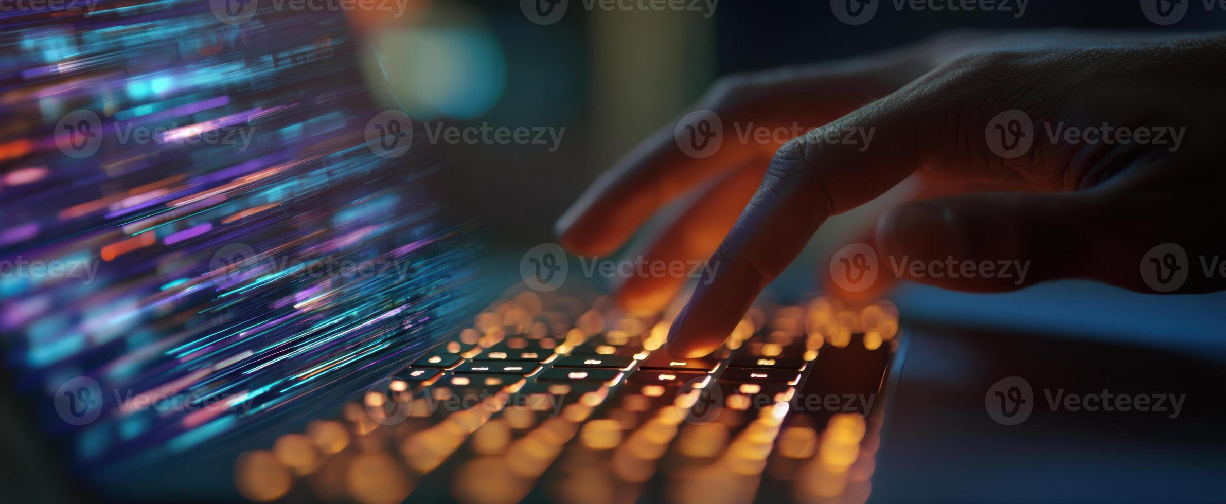 The vibrant keyboard illuminated by dynamic light during typing on a laptop. photo