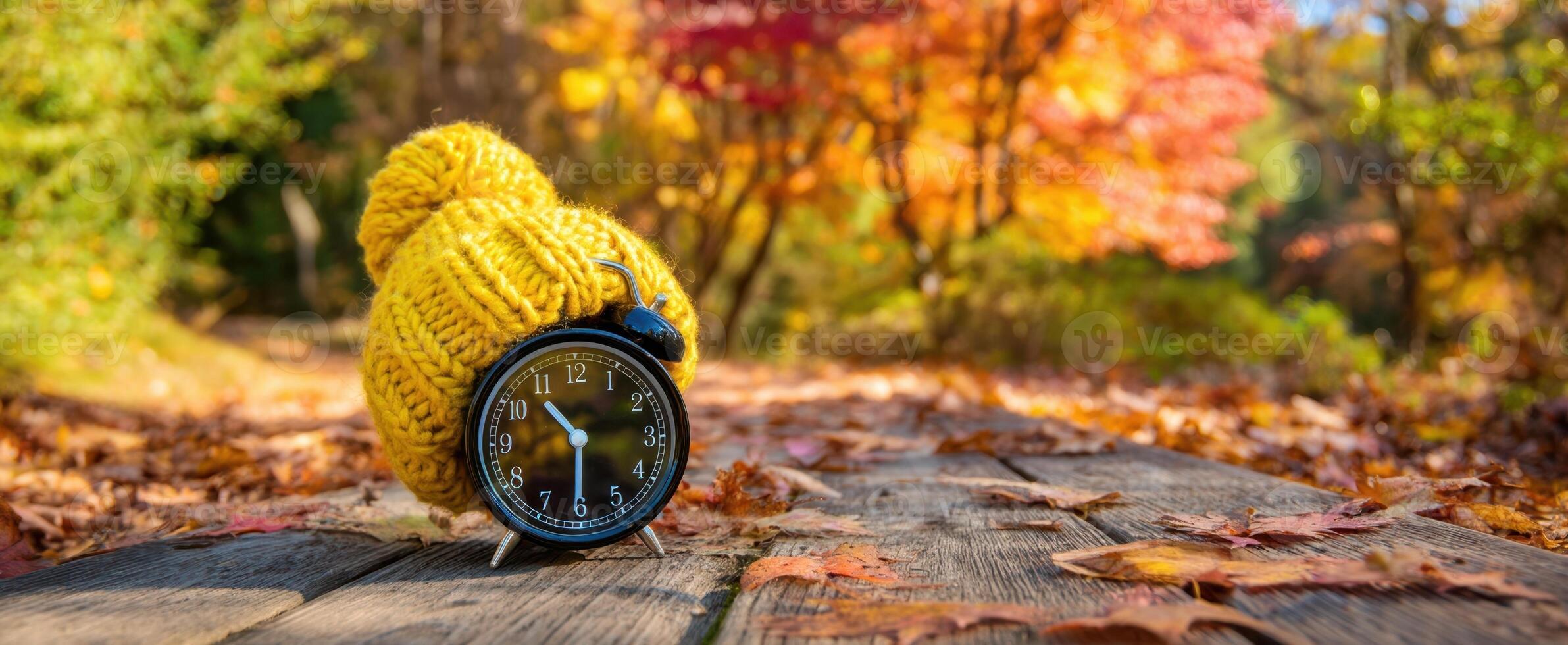 The vintage clock wearing a cozy yellow hat in an autumn landscape. photo