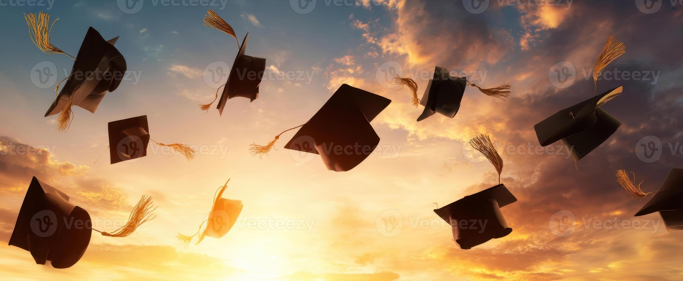 The joyful graduation caps soaring into a vibrant sunset sky. photo