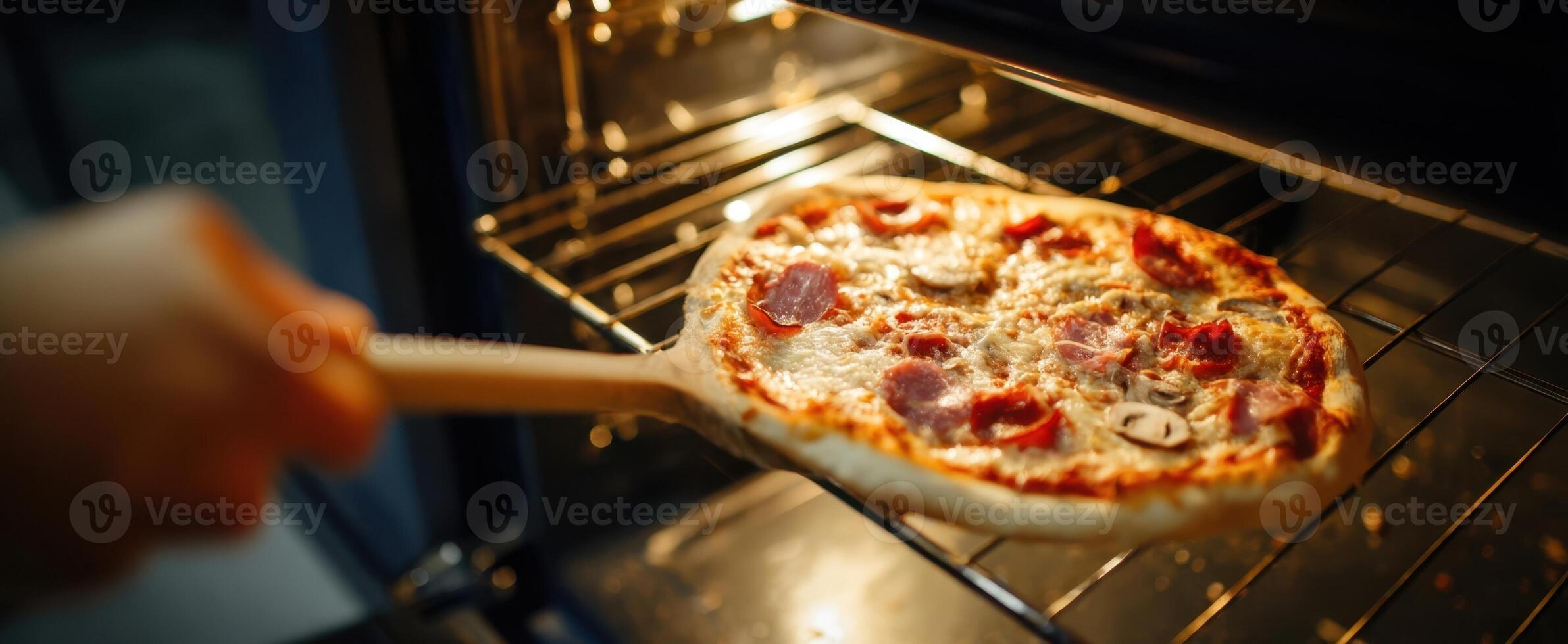 The delicious pizza is being pulled from the oven with a wooden paddle. photo