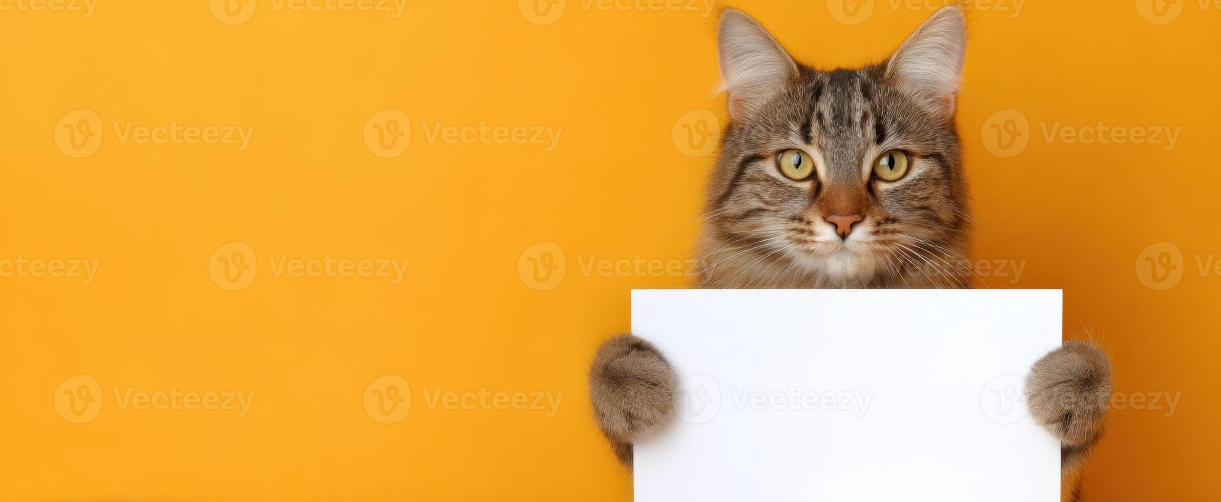 The playful cat holding a blank sign against a vibrant orange background. photo