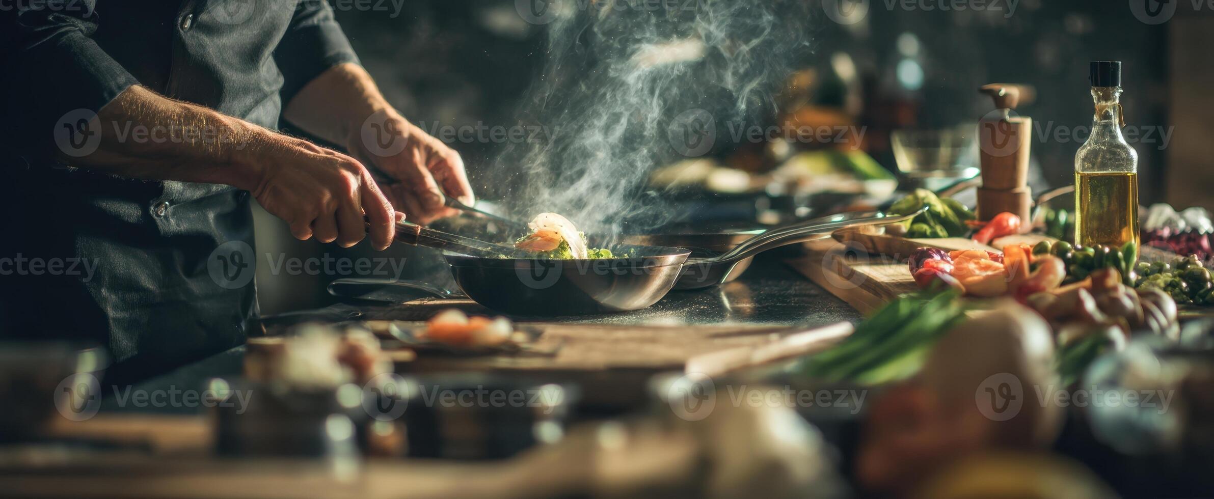 The chef skillfully prepares a delicious meal in a contemporary kitchen setting. photo