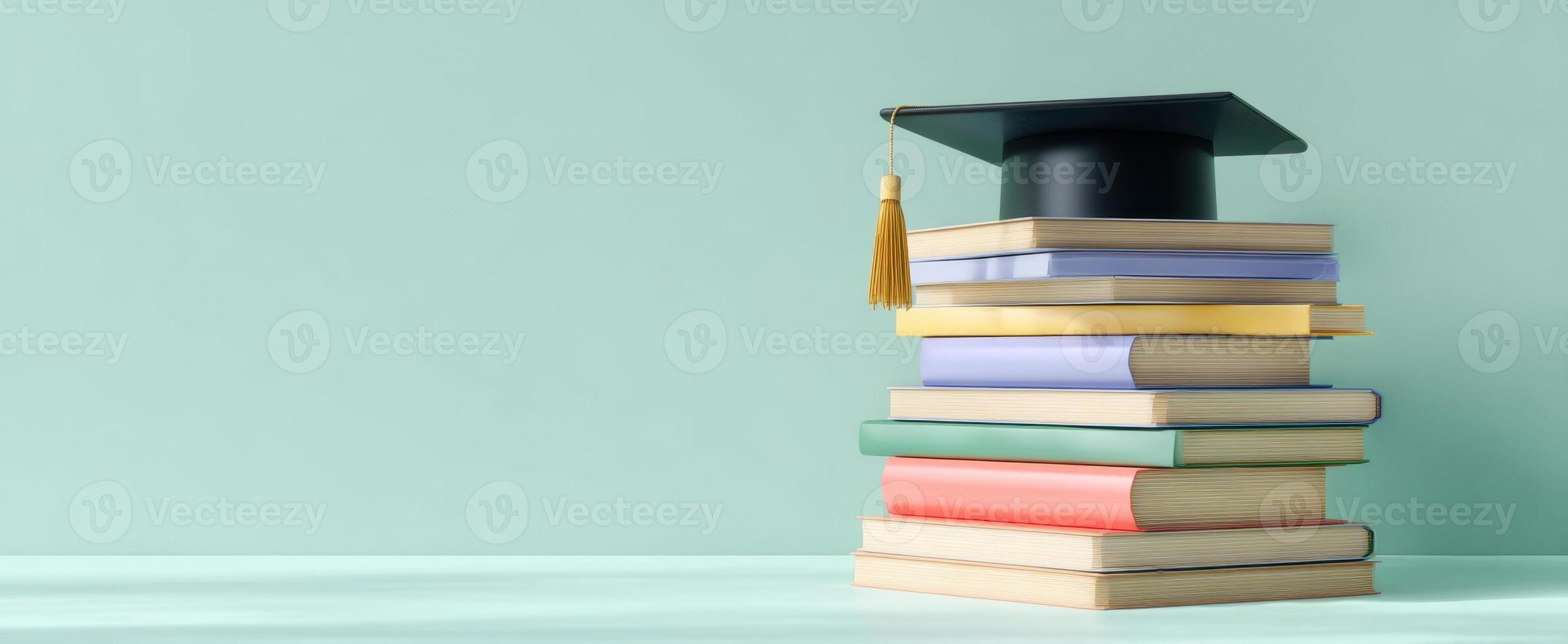 The graduation cap resting upon a colorful stack of textbooks on a desk. photo