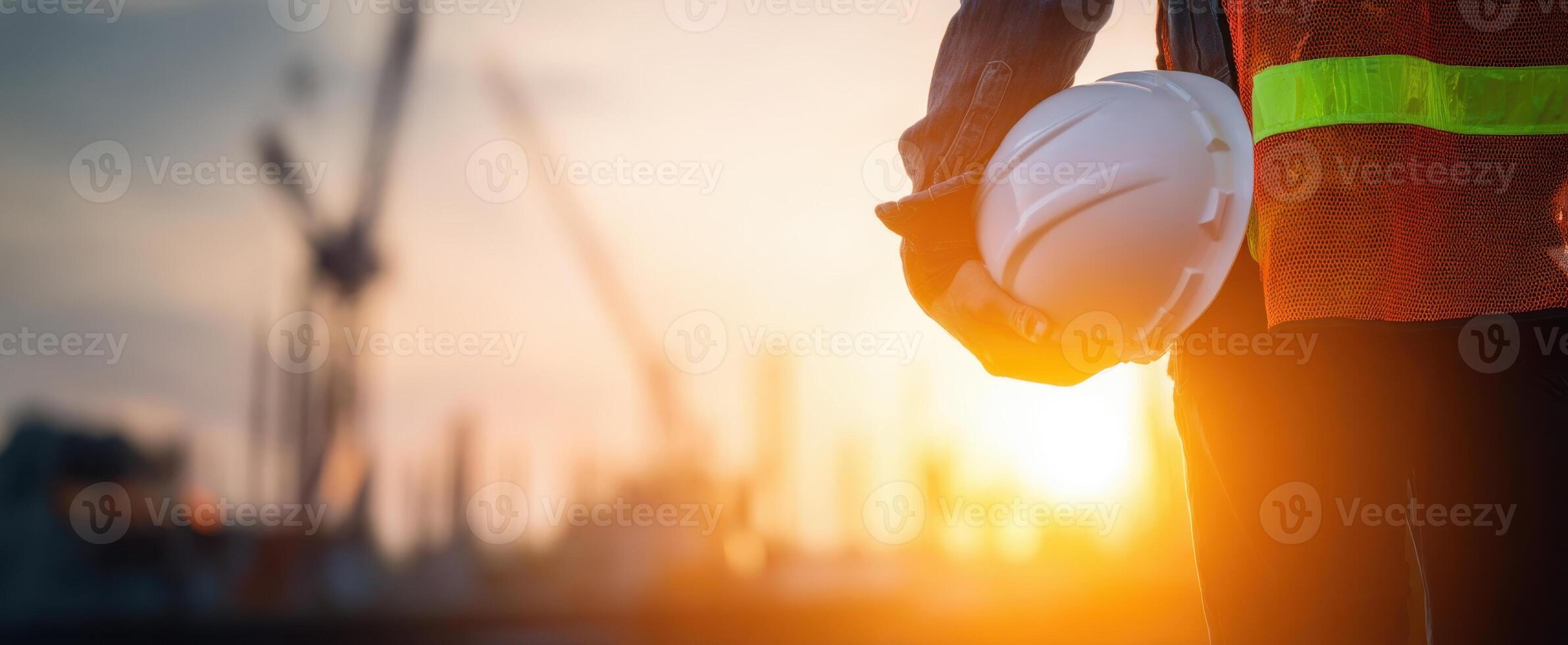 The construction worker holding a hardhat at sunset on a job site. photo