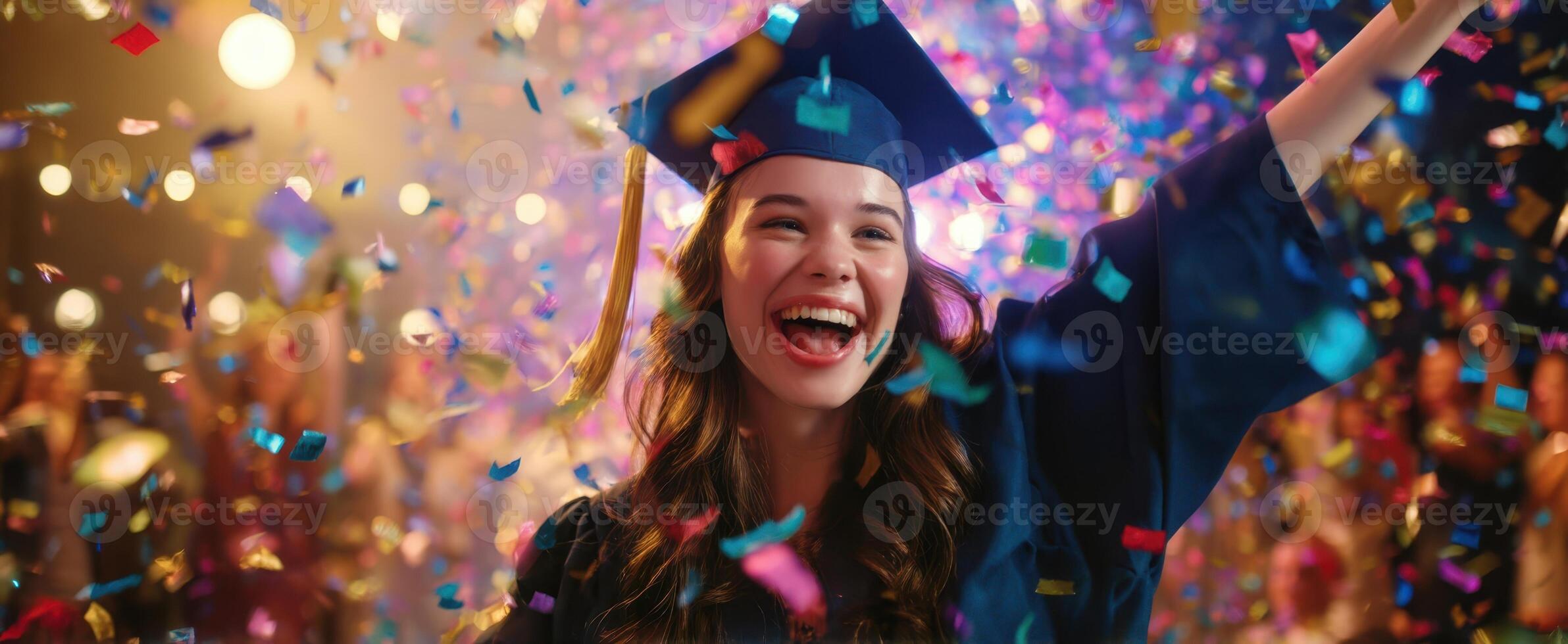 The joyful graduate celebrating success with confetti and a beaming smile. photo