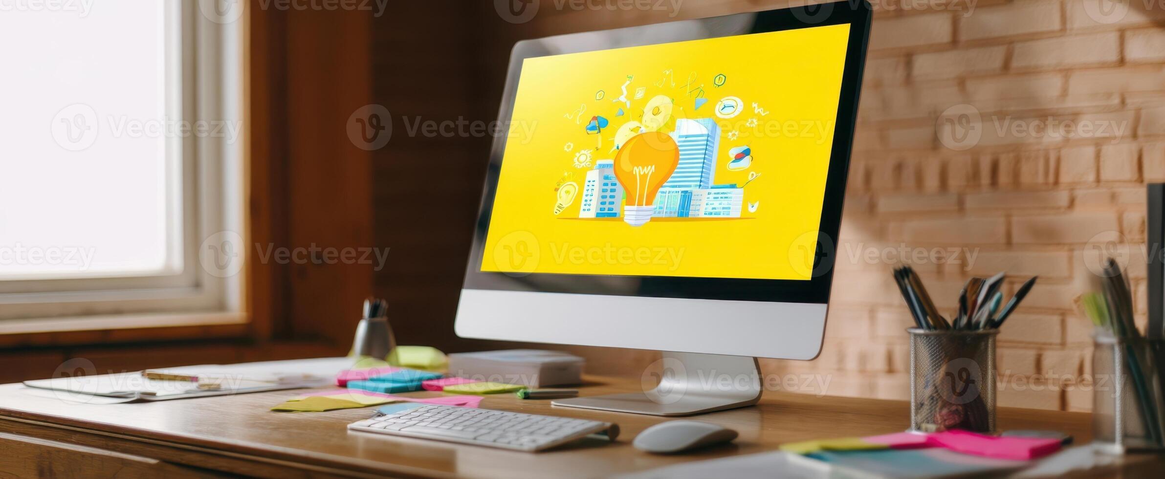 The creative workspace featuring a modern computer and vibrant yellow design elements. photo