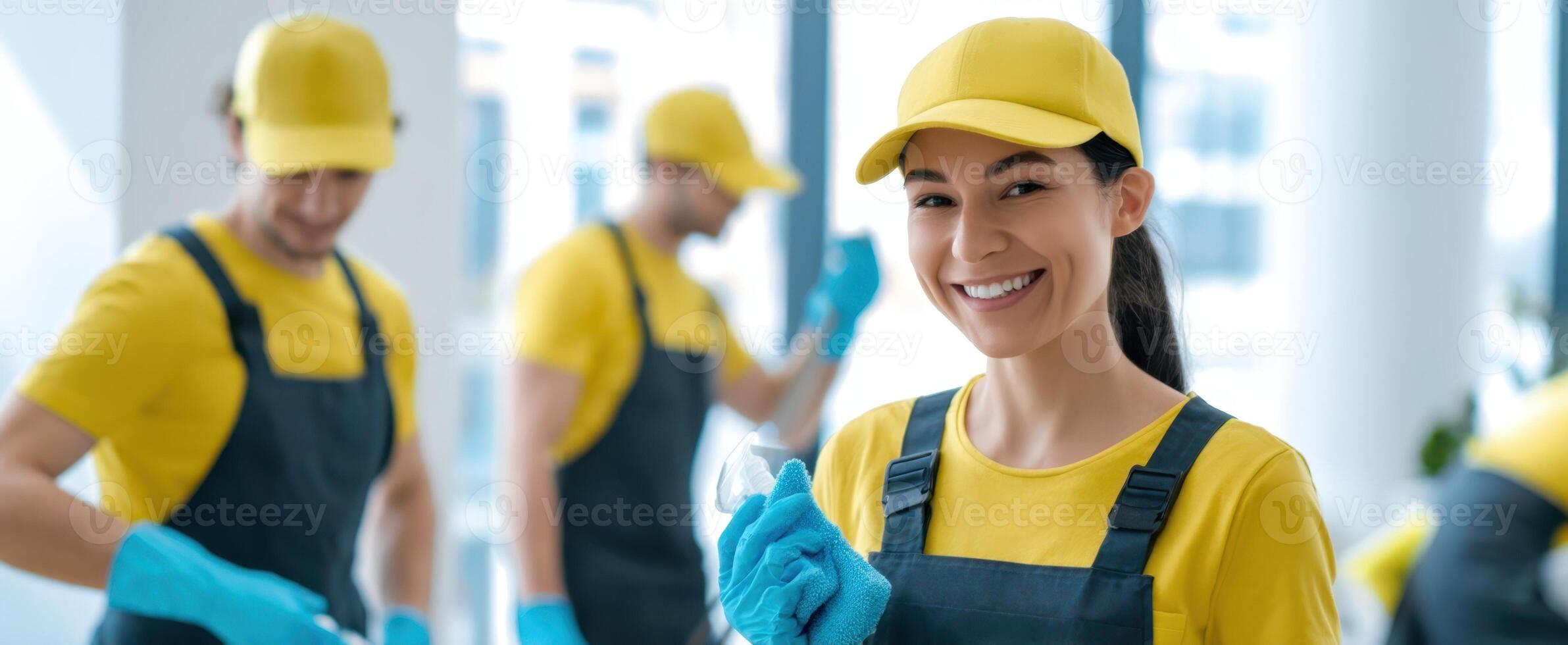 The diligent cleaner showcasing teamwork and positivity in a bright office environment. photo