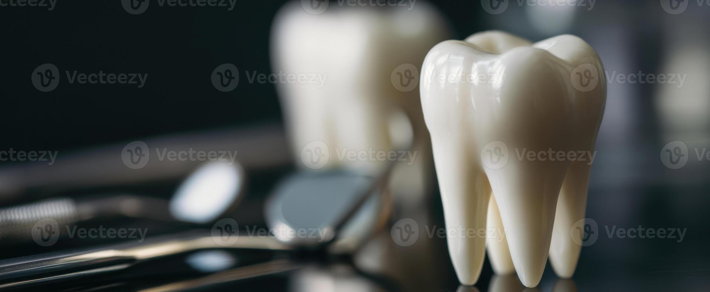 The dental tooth model surrounded by various dental instruments on a reflective surface. photo