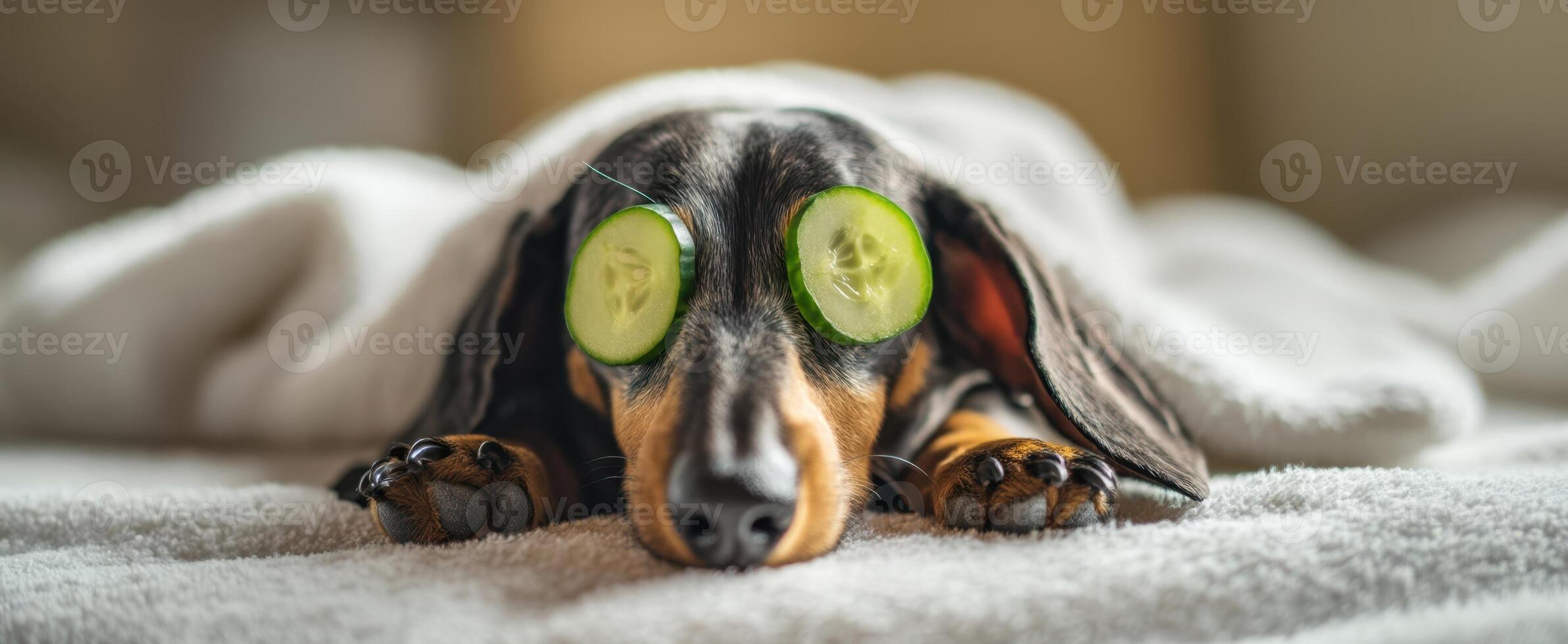 The pampered dachshund enjoying a relaxing spa day with cucumbers. photo