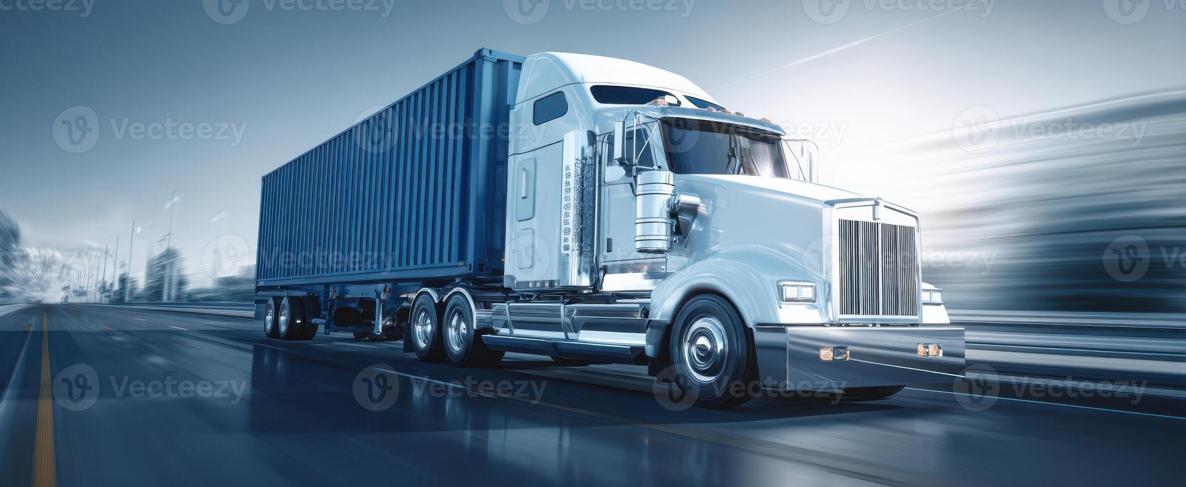 The powerful truck transporting cargo on a busy highway. photo