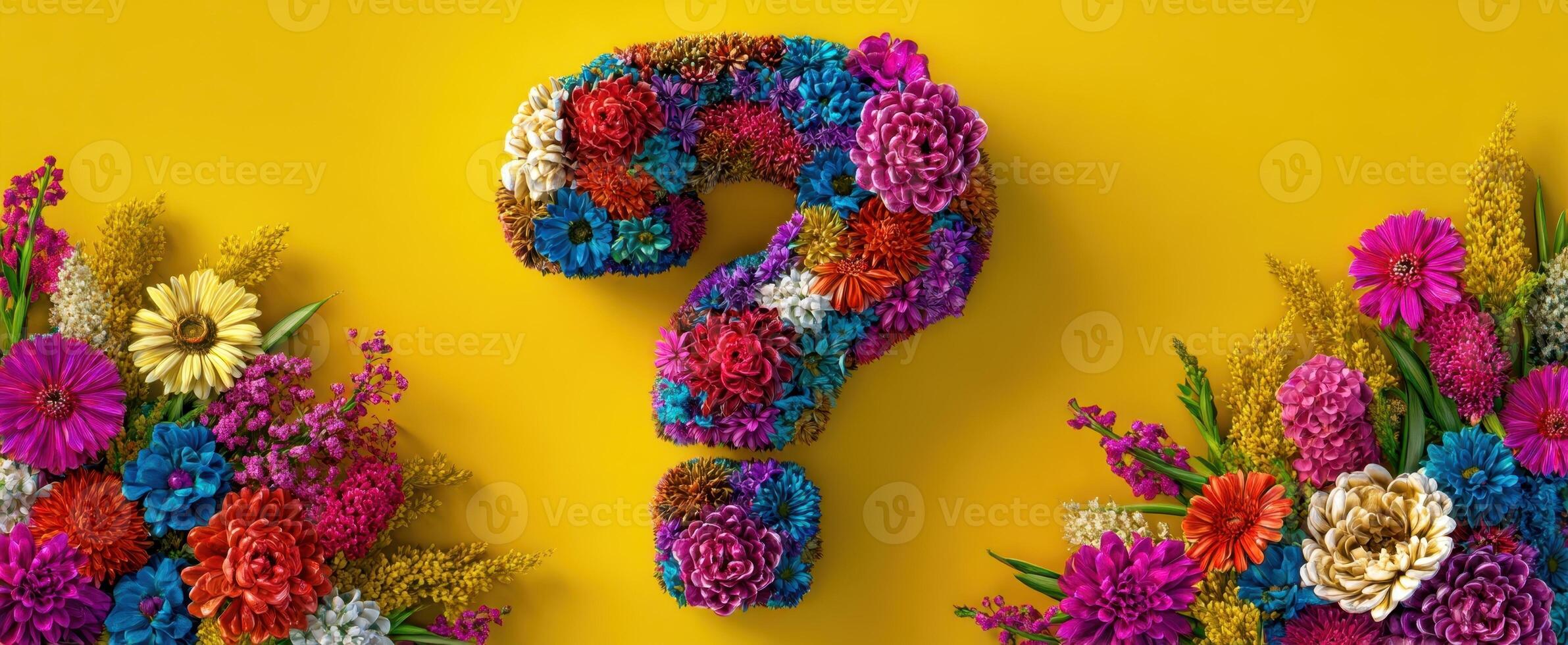 The Question Mark Formed by a Vibrant Floral Arrangement on a Yellow Background photo