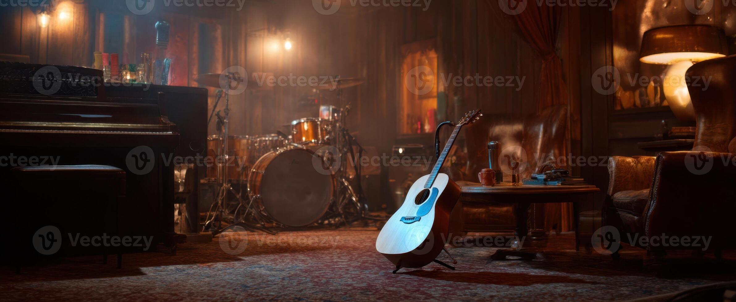 The cozy guitar resting in a vintage music studio setting. photo
