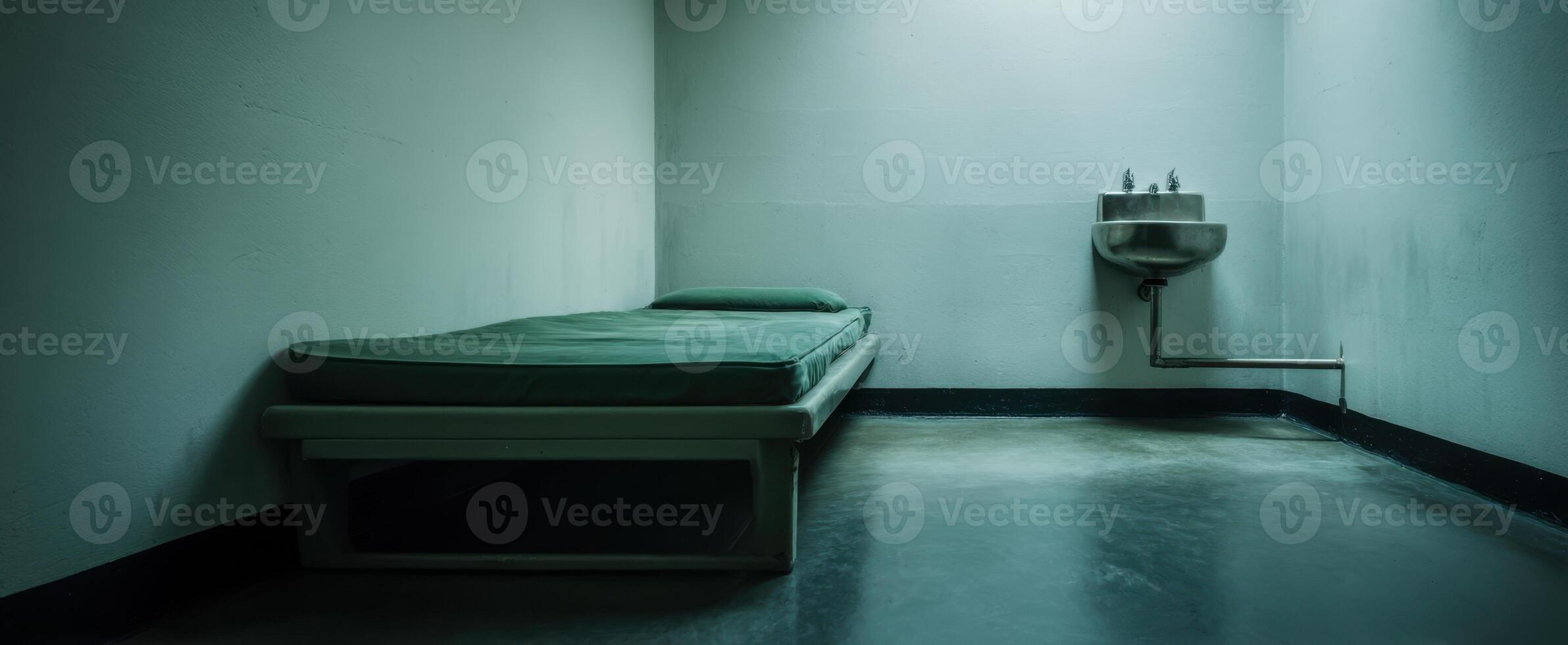 The stark simplicity of a prison cell with a single bed and sink. photo