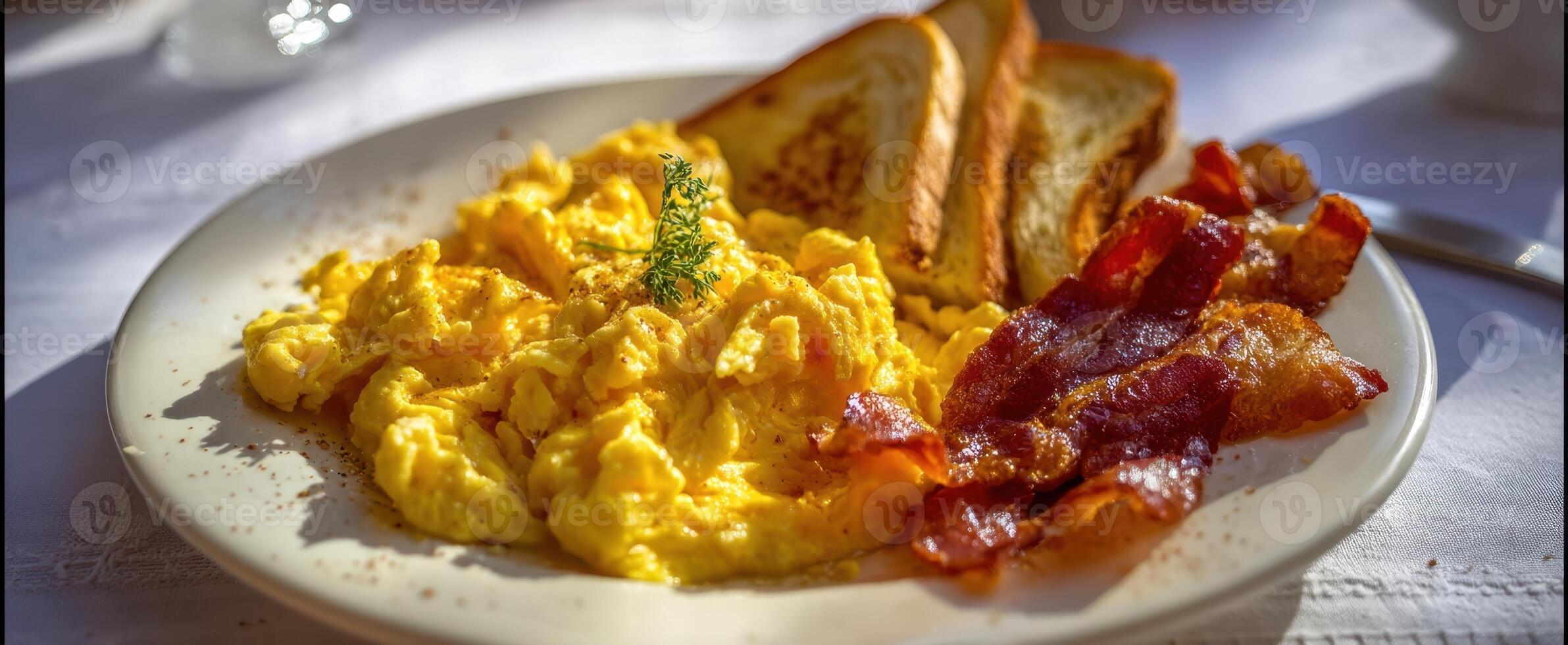 The delicious scrambled eggs with crispy bacon and toast on a breakfast plate. photo