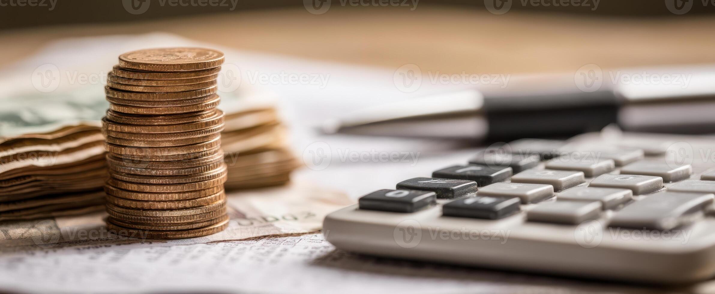 The stack of coins alongside calculator and currency notes on a desk. photo