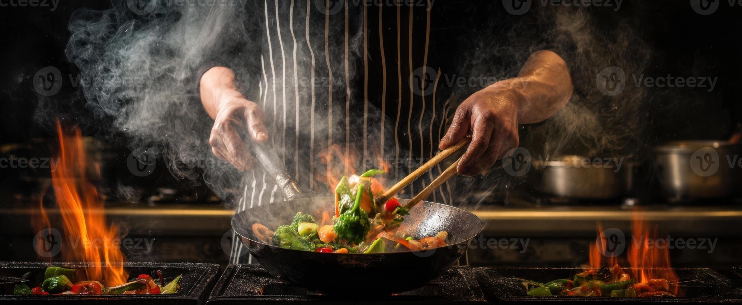 The chef skillfully stir-frying fresh vegetables in a sizzling wok. photo