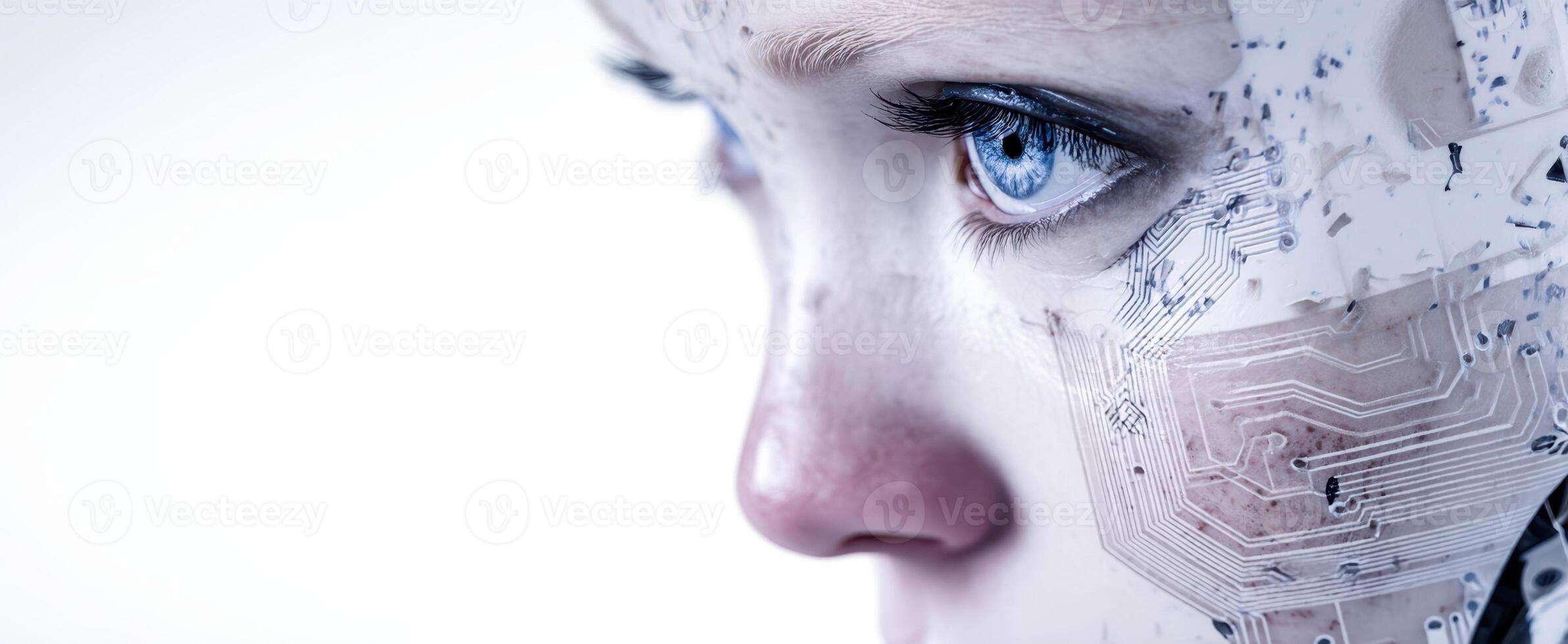 The Futuristic Human Face Merged with Digital Technology and Circuitry photo