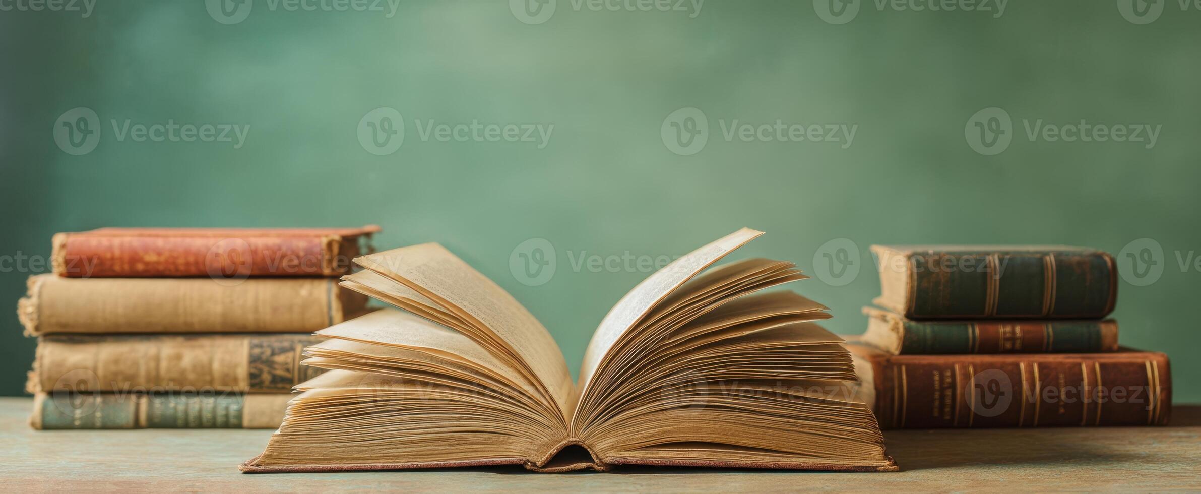 The vintage collection of books with an open page on display. photo